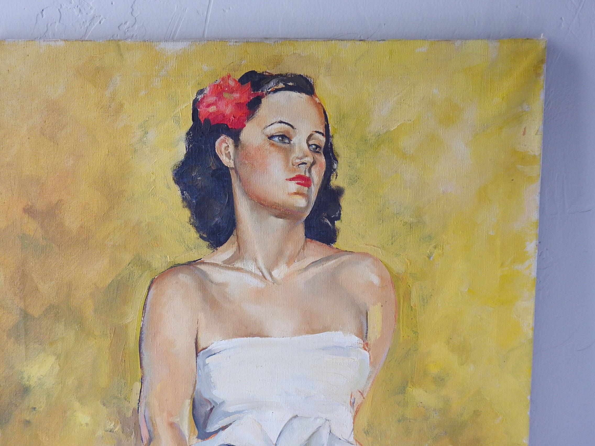 American Midcentury Portrait Painting of Daring Young Woman For Sale
