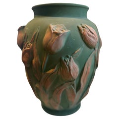 Mid-Century Portuguese Art Pottery Vase with Raised Tulip Relief in Matte Green