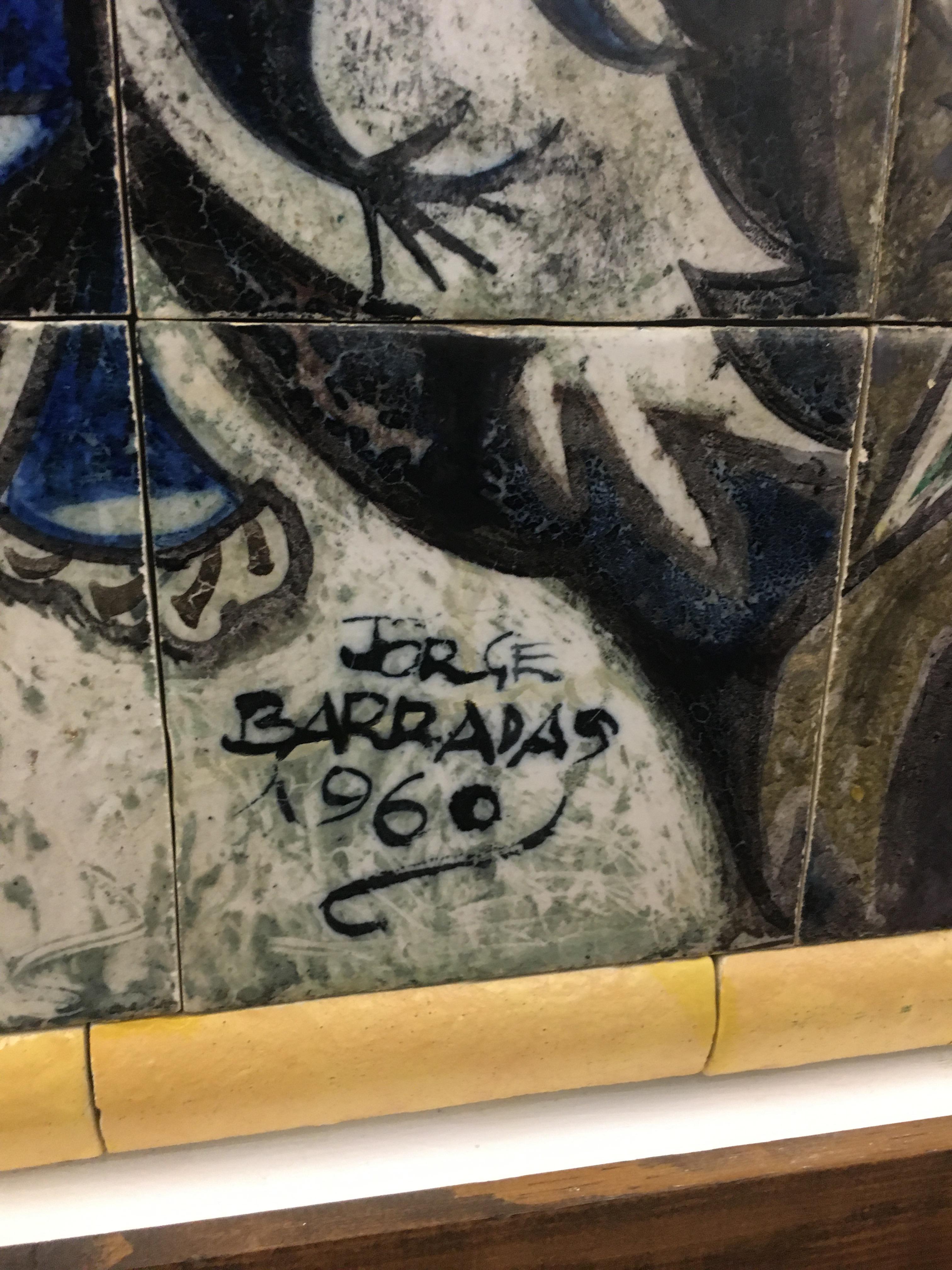 20th Century Modern Jorge Barradas Birds Ceramic Portuguese Azulejos Tile Mural  
Portuguese azulejos with birds in glazed faience, 1960,
Signed Jorge Nicholson Moore Barradas (Lisboa, 1894 – Lisboa, 1971).
Jorge Barradas built a multifaceted
