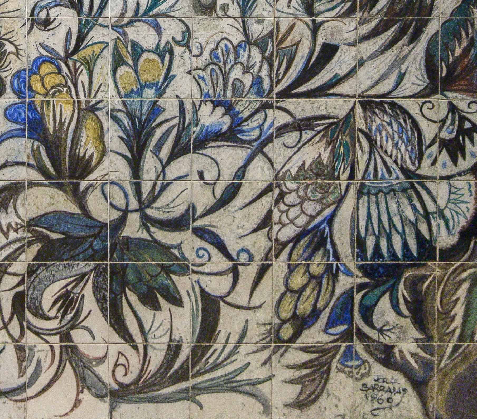 Portugiesische Azulejos-Wandgemälde aus der Mitte des Jahrhunderts von Jorge Barradas in Gelb und Blau (Moderne) im Angebot