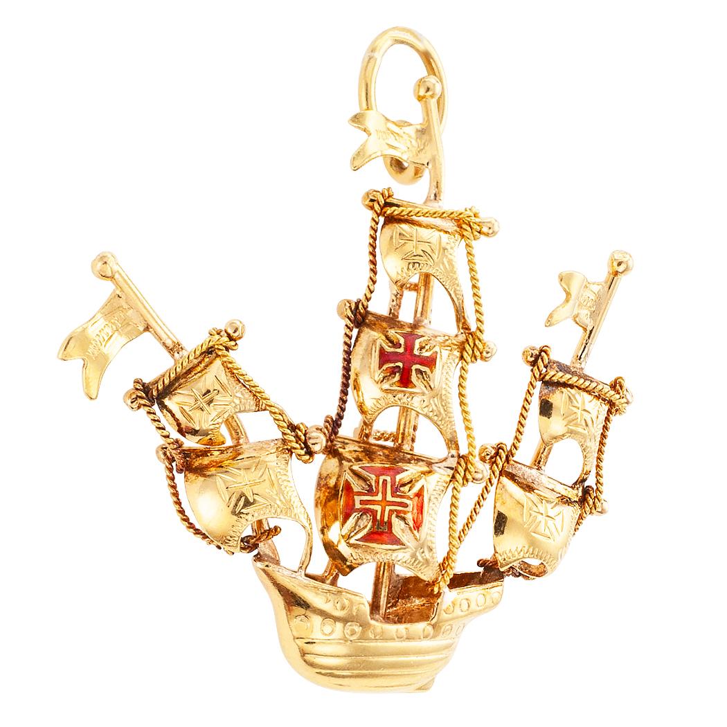 Midcentury Portuguese Enamel Gold Galleon Ship Charm