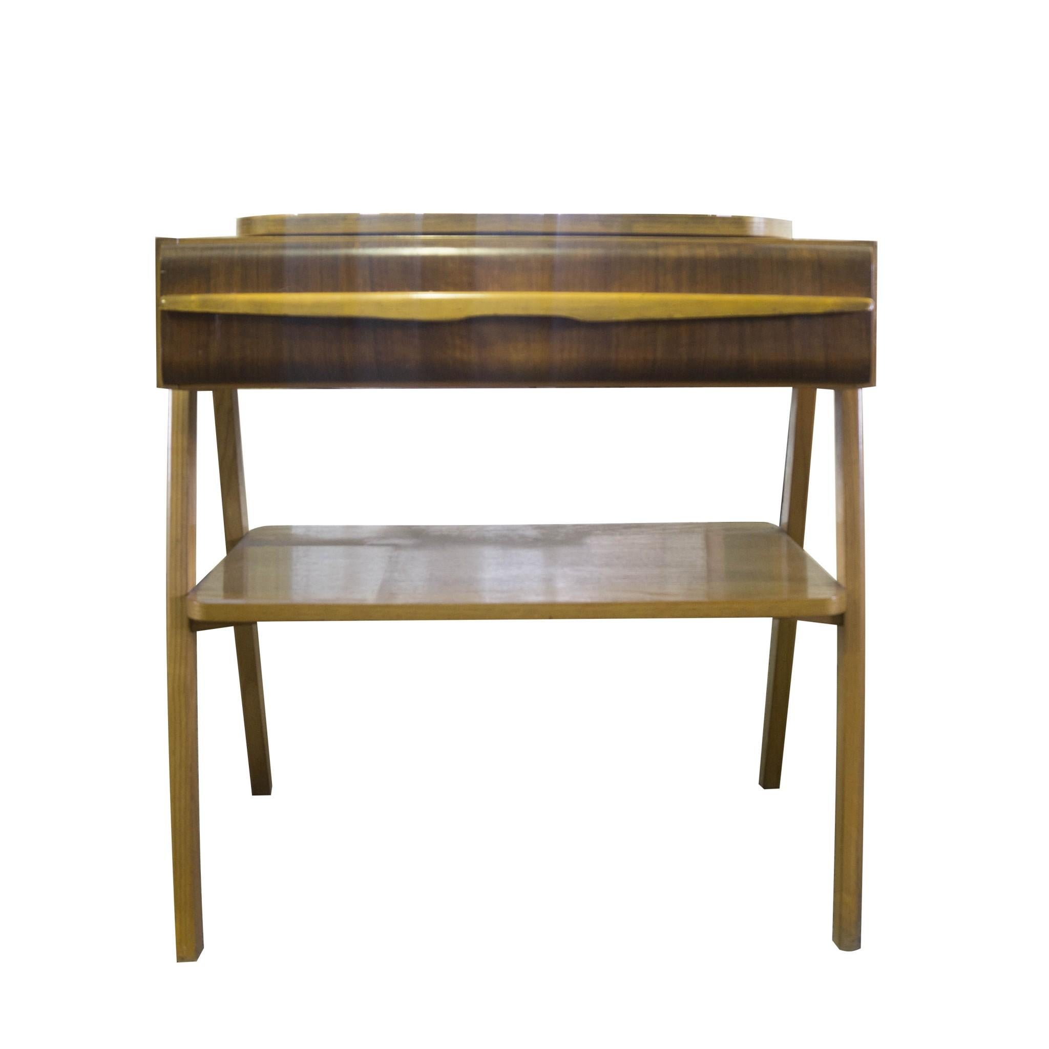 Interesting midcentury positioning side table, solid oak, drawer-walnut veneer, associated with world-renowned EXPO 58 exhibition in Brussels. Combination oak and walnut wood. In good Vintage condition.

  