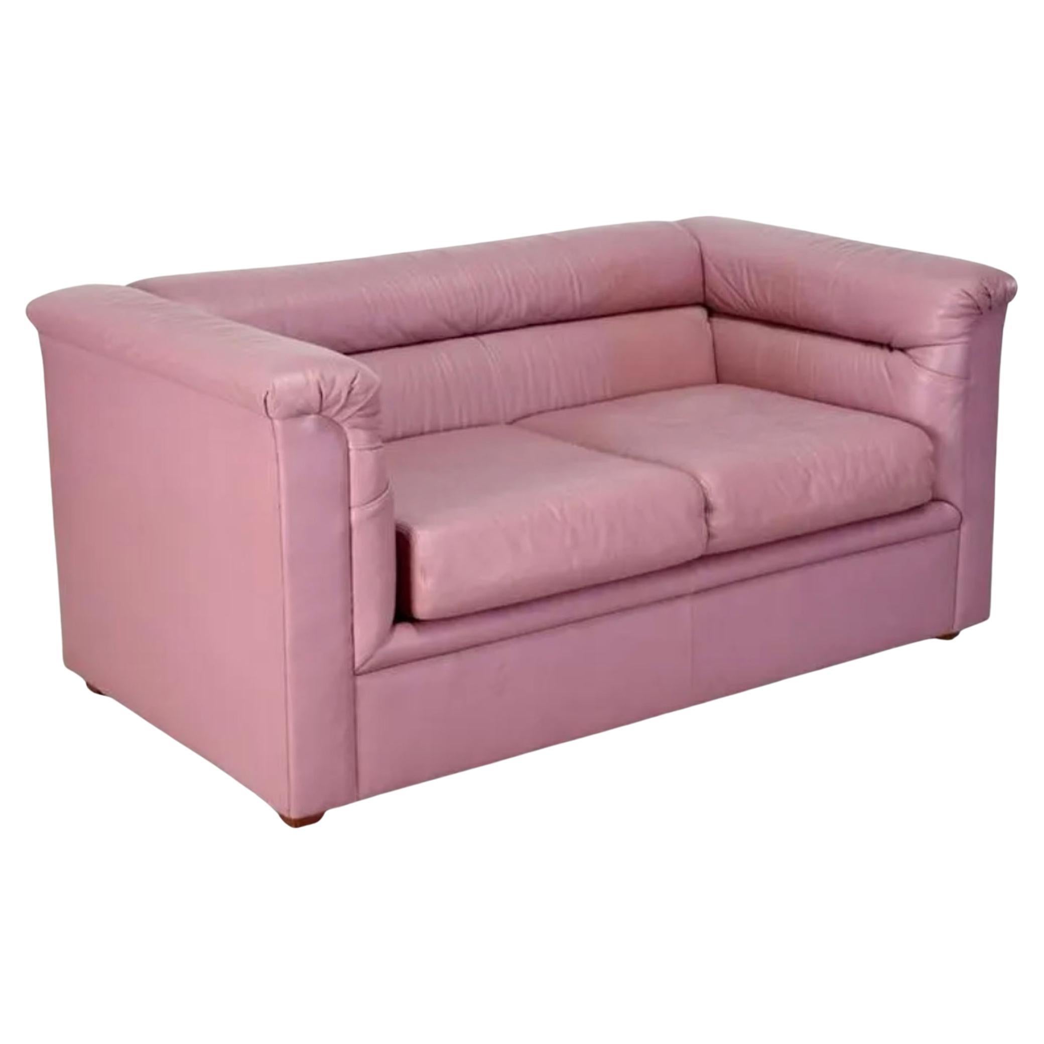 Midcentury Post Modern 2 Seat Mauve Pink Leather Puffy Sofa 1980s Selig For Sale