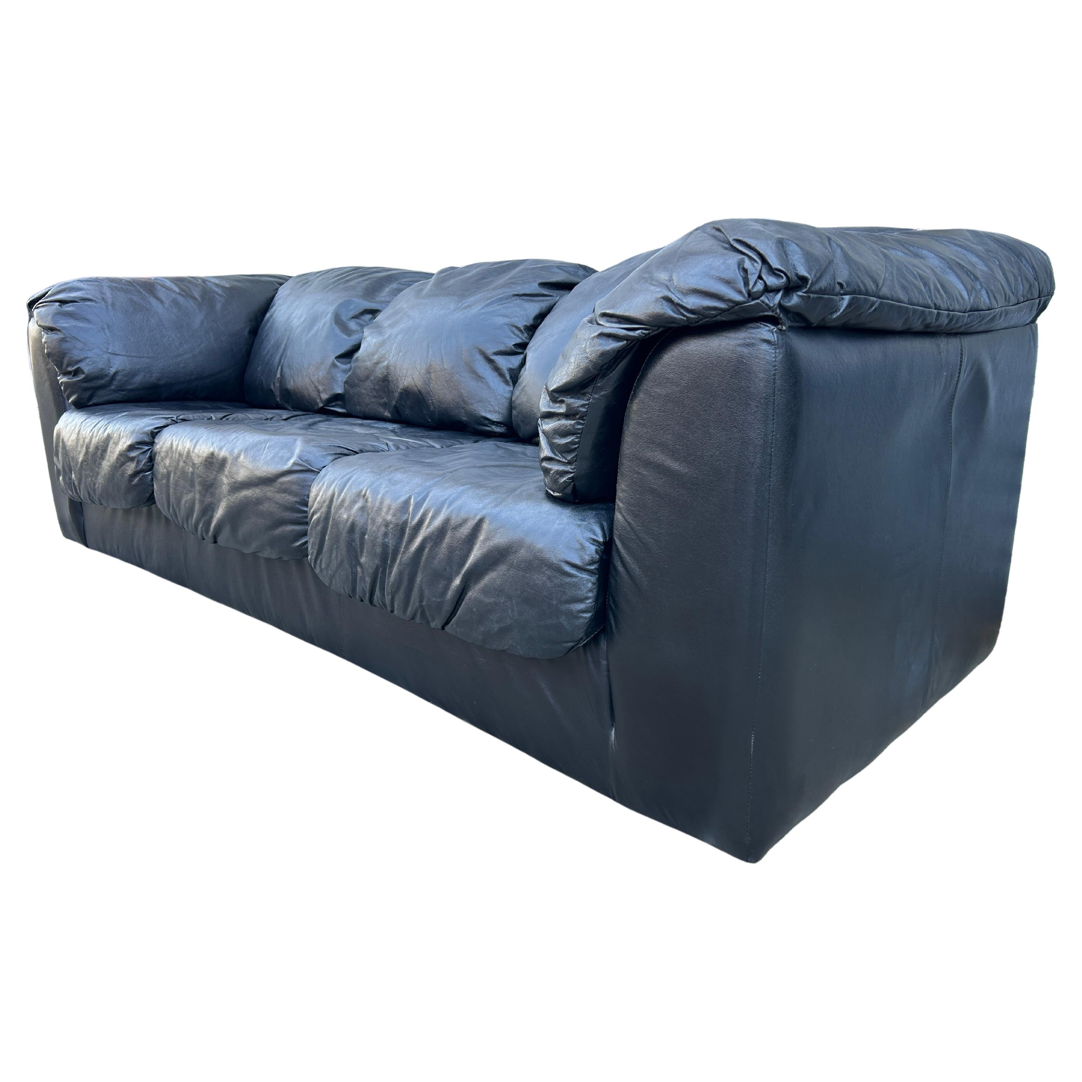 Post-Modern Midcentury Post Modern 3 Seat Black Leather Puffy Sofa, circa 1980