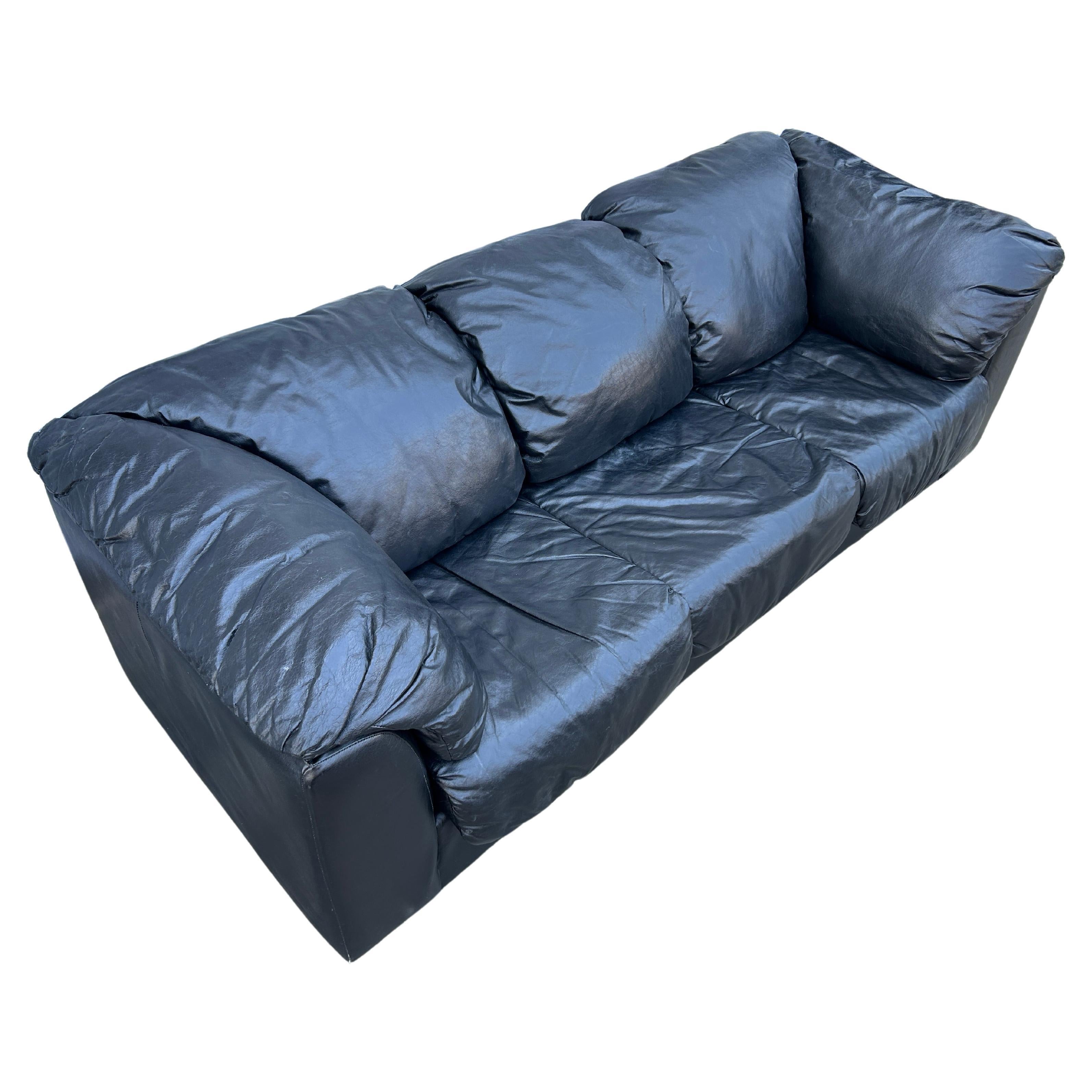 American Midcentury Post Modern 3 Seat Black Leather Puffy Sofa, circa 1980