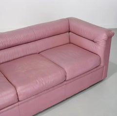 Midcentury Post Modern 3 Seat Mauve Pink Leather Puffy Sofa 1980s Selig