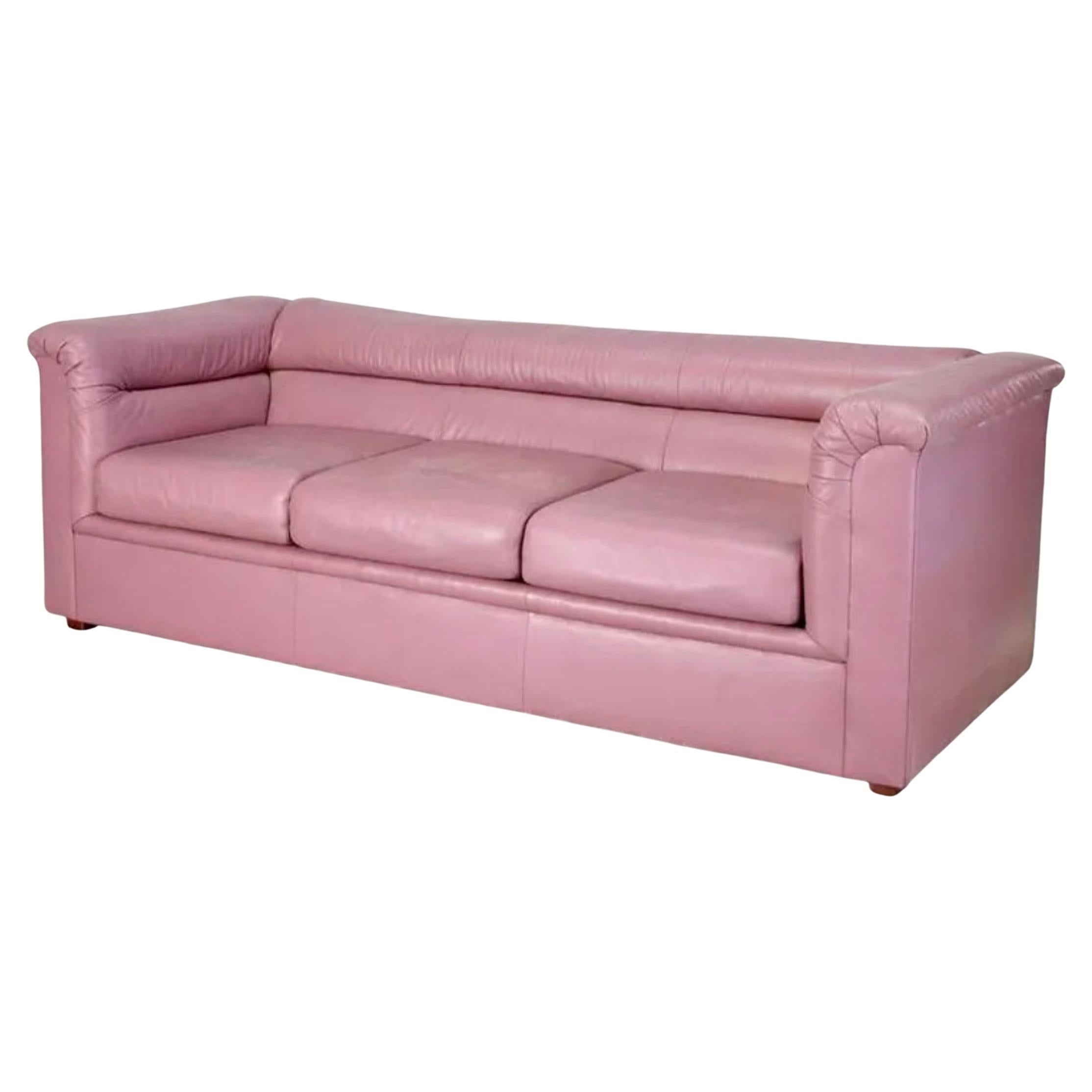 Midcentury Post Modern 3 Seat Mauve Pink Leather Puffy Sofa 1980s Selig
