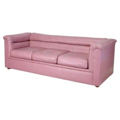 Midcentury Post Modern 3 Seat Mauve Pink Leather Puffy Sofa 1980s Selig