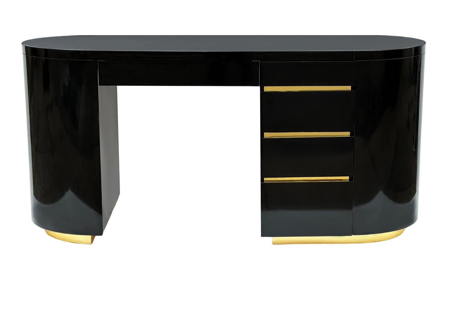 Italian Mid-Century Post Modern Black & Brass Desk after Gilbert Rohde in Art Deco Form For Sale