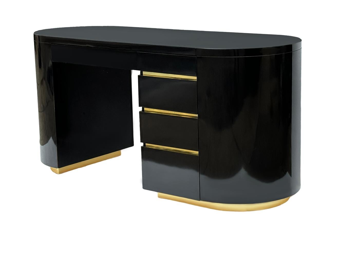 Late 20th Century Mid-Century Post Modern Black & Brass Desk after Gilbert Rohde in Art Deco Form For Sale