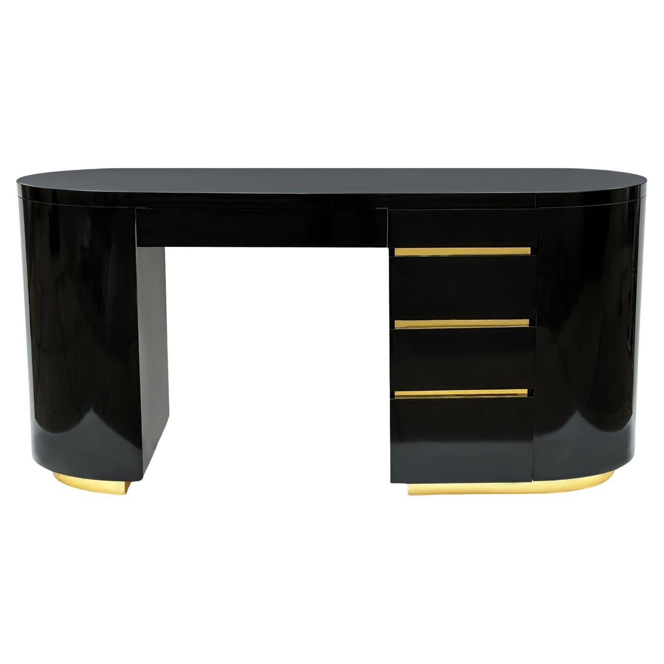 Mid-Century Post Modern Black & Brass Desk after Gilbert Rohde in Art Deco Form For Sale