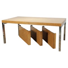 Mid century Post Modern Blonde Burl Dining table with chrome legs and 3 leaves