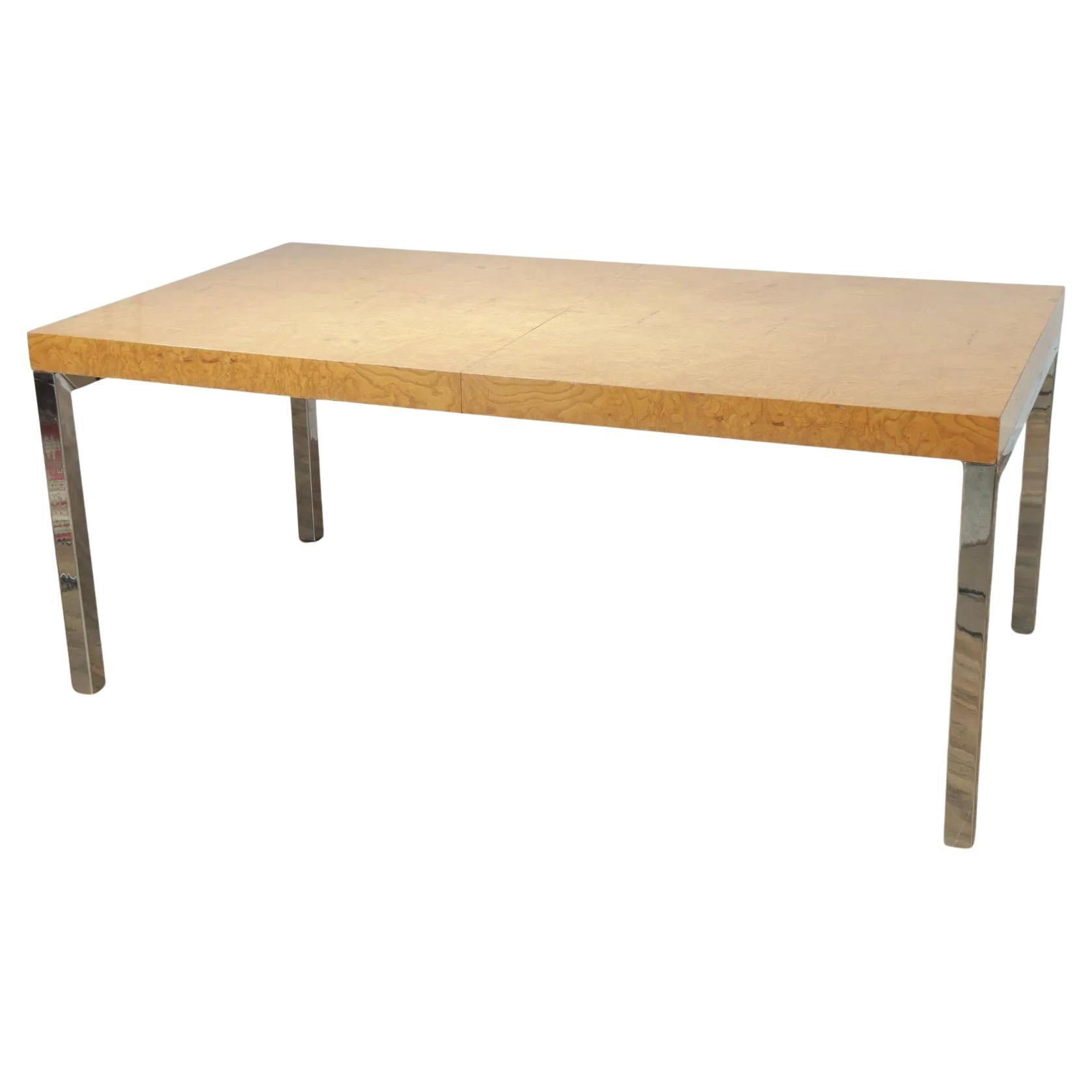 Mid century Post Modern Blonde Burl Dining table with chrome legs and 3 leaves