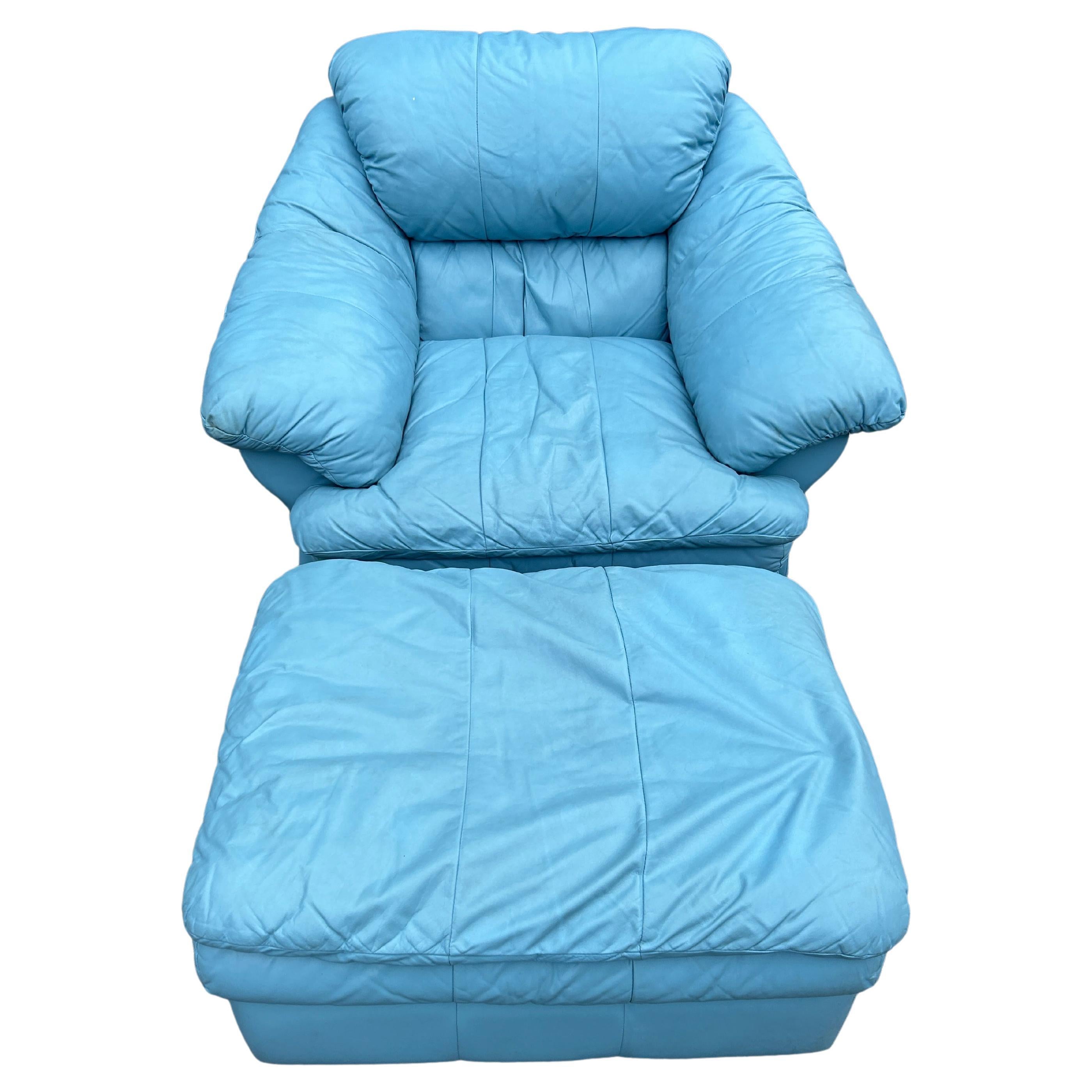 Post-Modern Mid century Post Modern Blue Leather Puffy cloud chair with ottoman