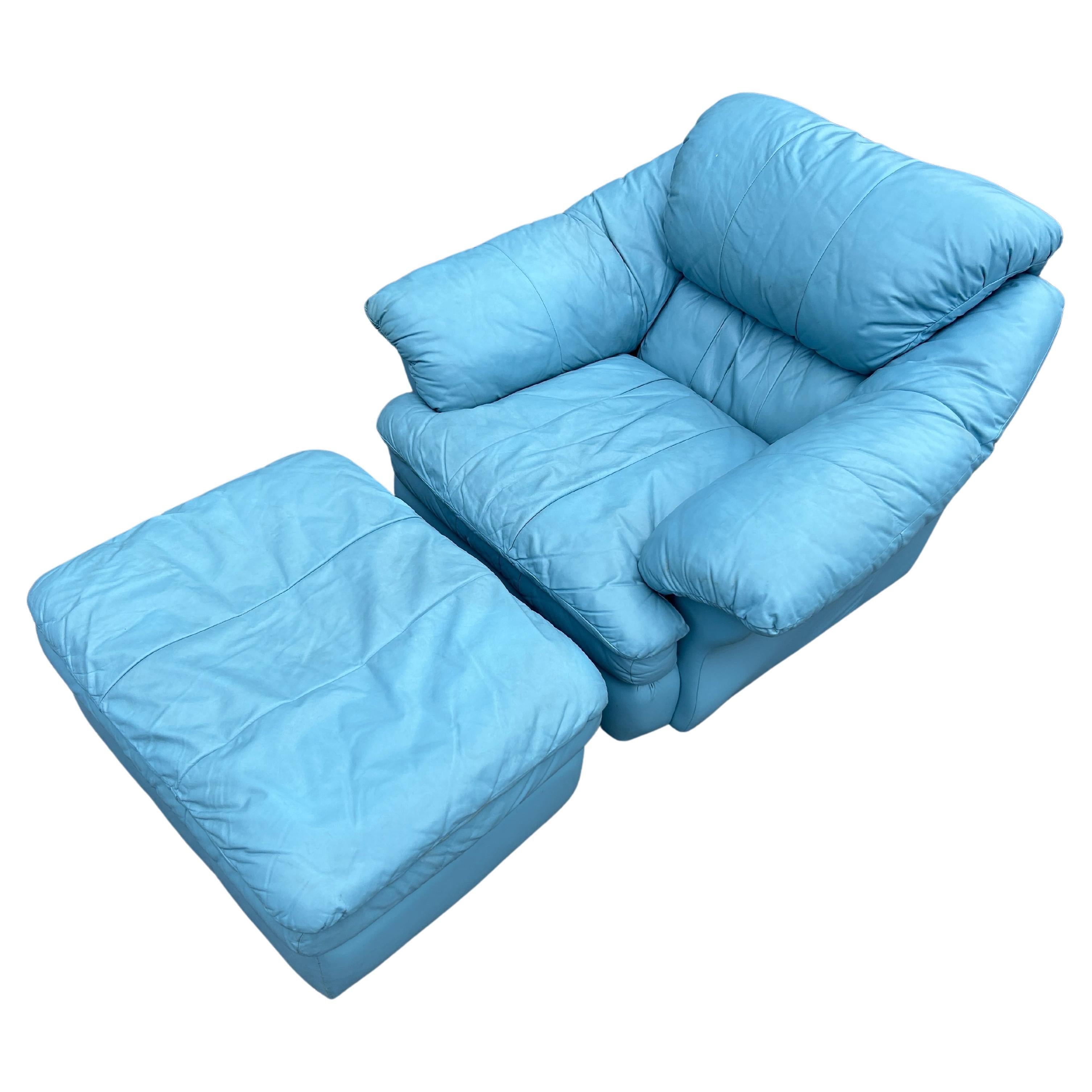 Woodwork Mid century Post Modern Blue Leather Puffy cloud chair with ottoman