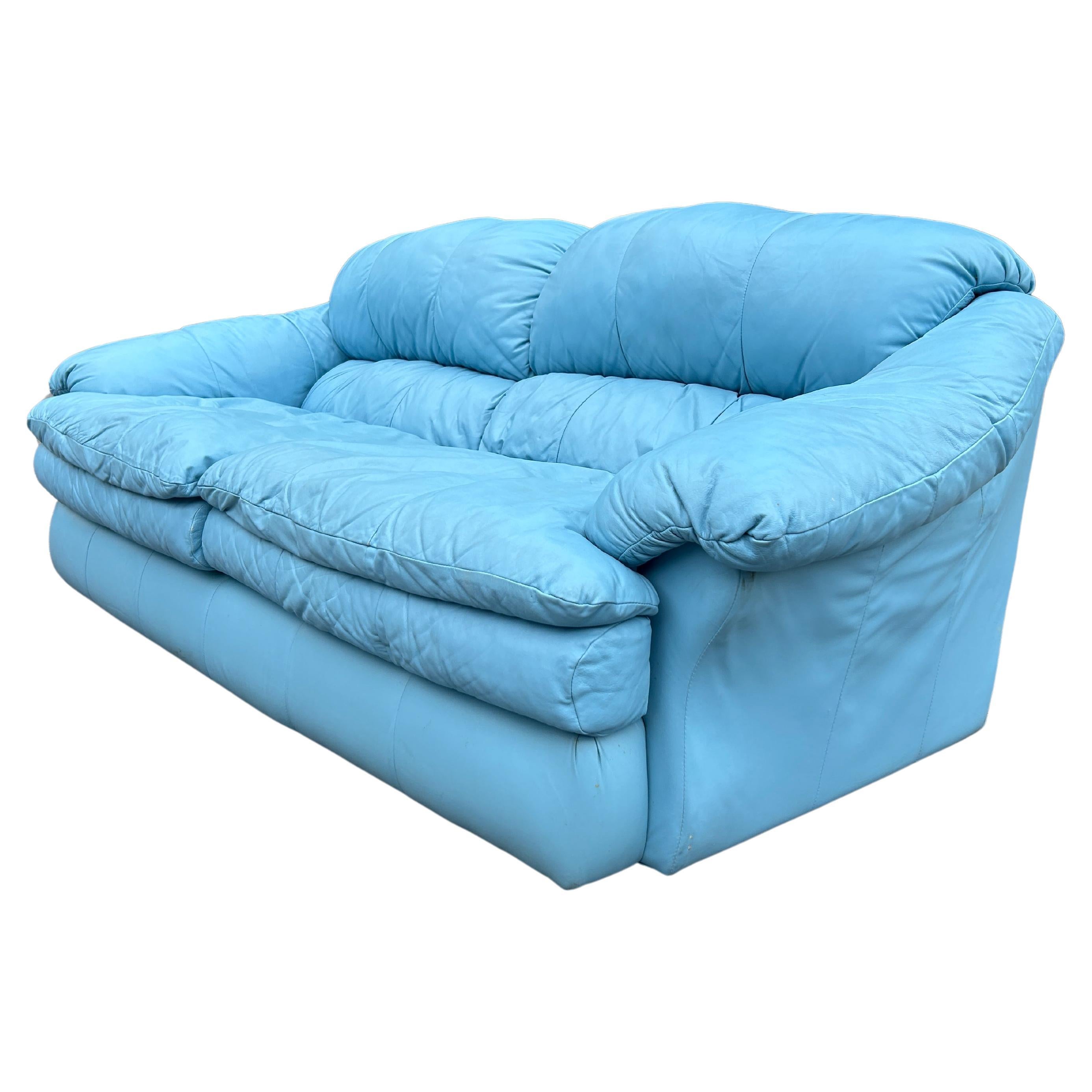 Post-Modern Mid century Post Modern Blue Leather Puffy cloud Sofa