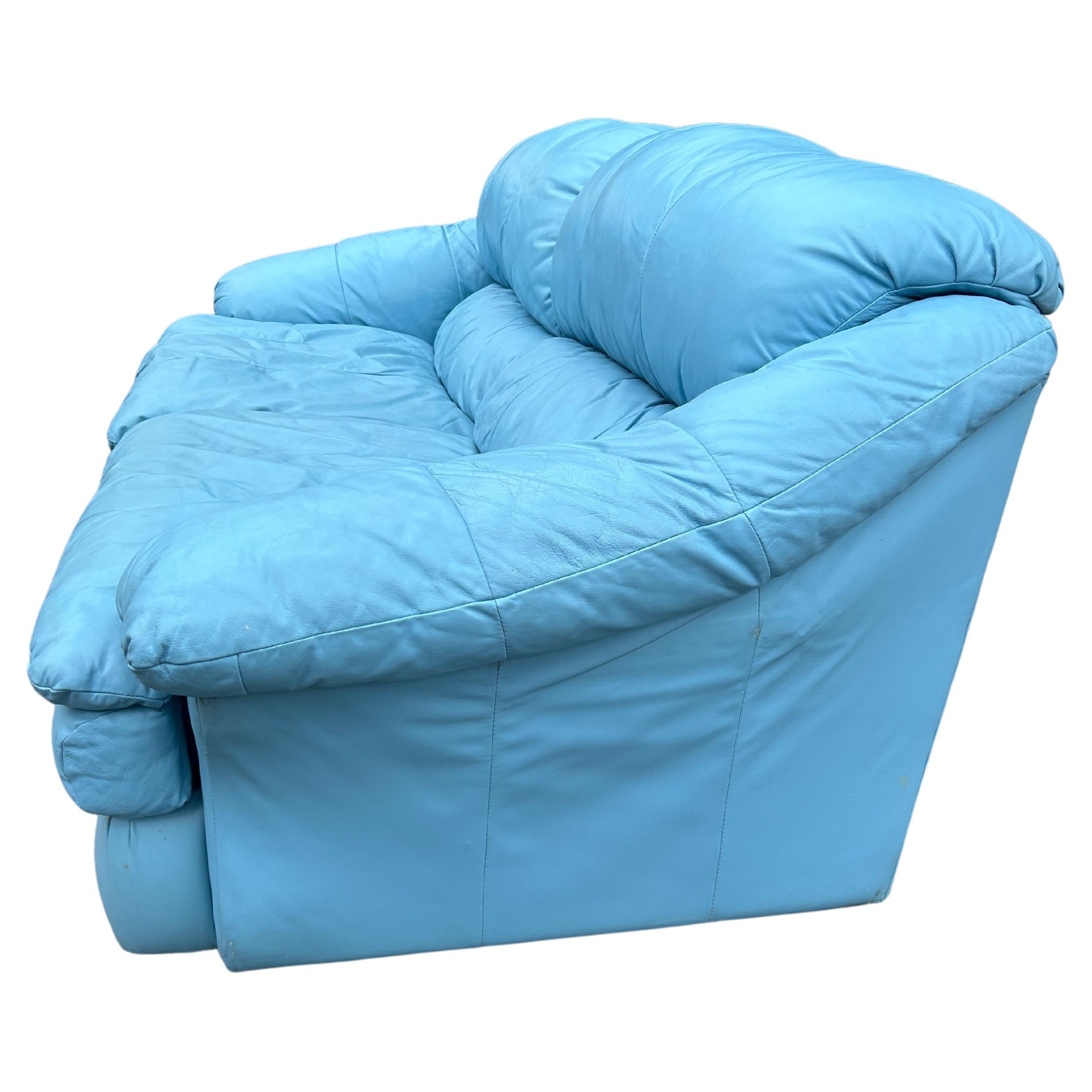 American Mid century Post Modern Blue Leather Puffy cloud Sofa