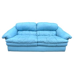 Retro Mid century Post Modern Blue Leather Puffy cloud Sofa