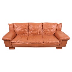 Mid century post modern danish thick orange leather 3 seat pillow sofa