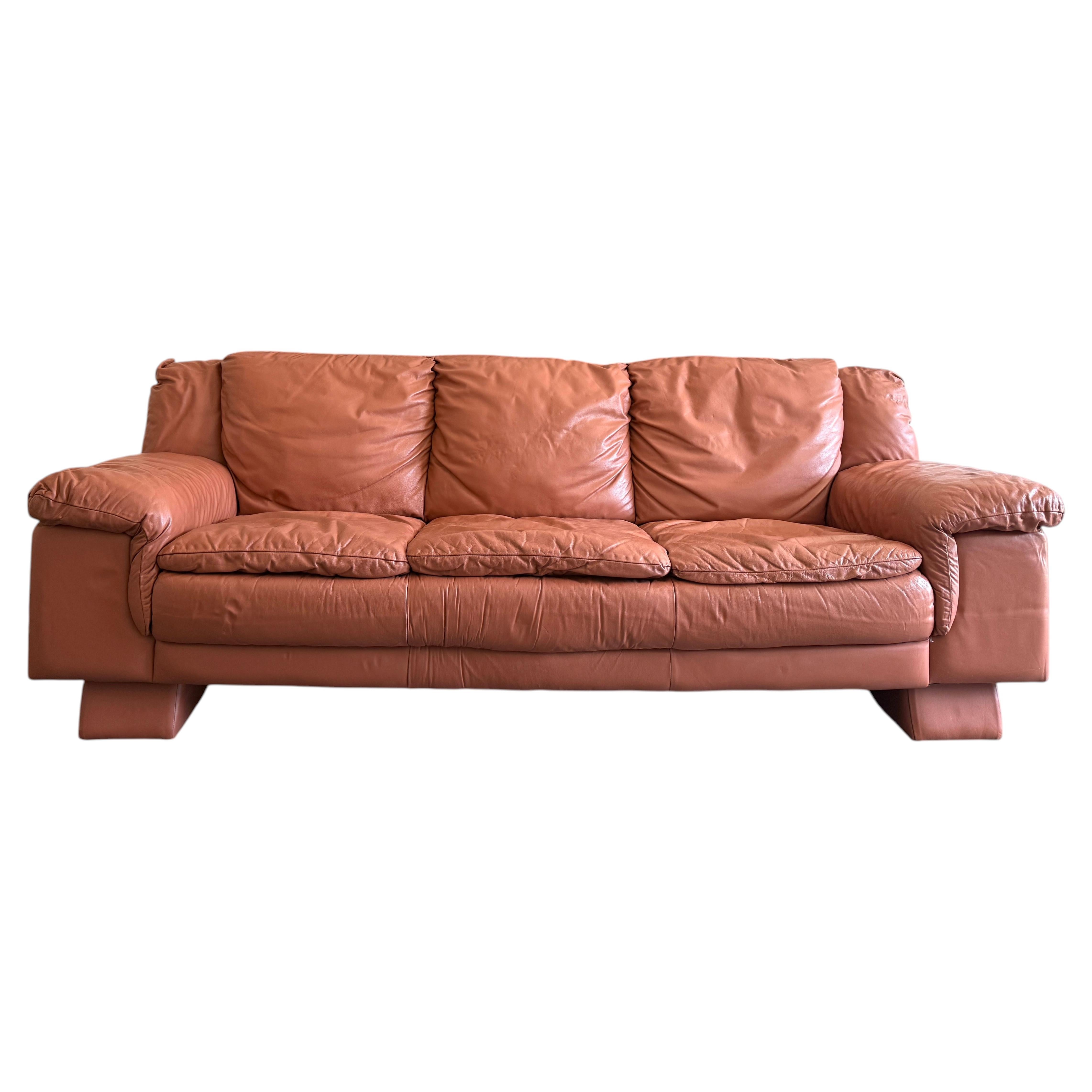 Mid century post modern danish thick coral leather 3 seat pillow sofa For Sale