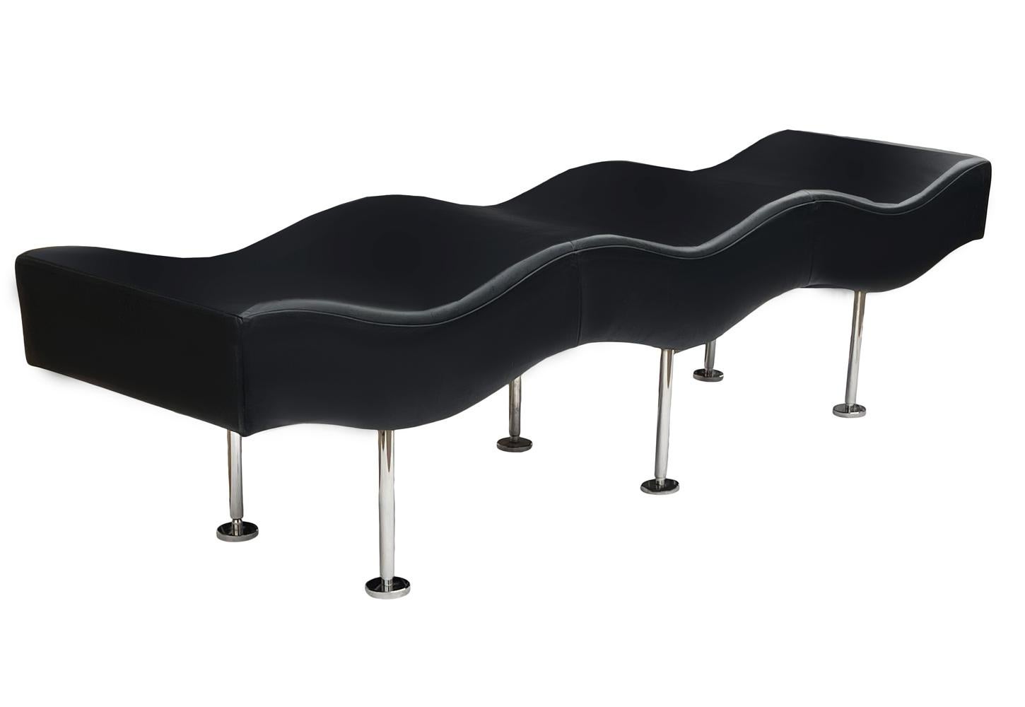 Post-Modern Mid Century Post Modern Extra Long Black Leather Wave Bench by Breuton