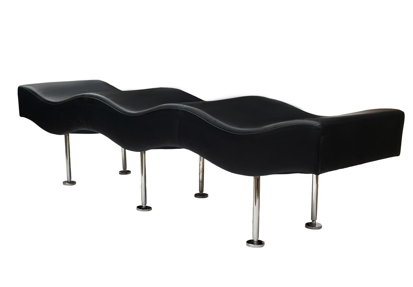 American Mid Century Post Modern Extra Long Black Leather Wave Bench by Breuton