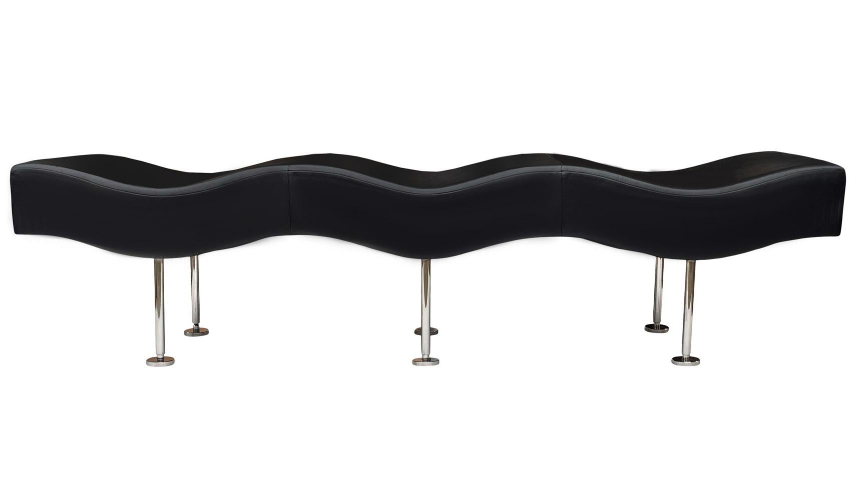 Mid Century Post Modern Extra Long Black Leather Wave Bench by Breuton In Good Condition In Philadelphia, PA