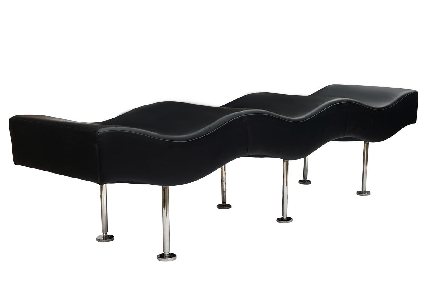 Late 20th Century Mid Century Post Modern Extra Long Black Leather Wave Bench by Breuton