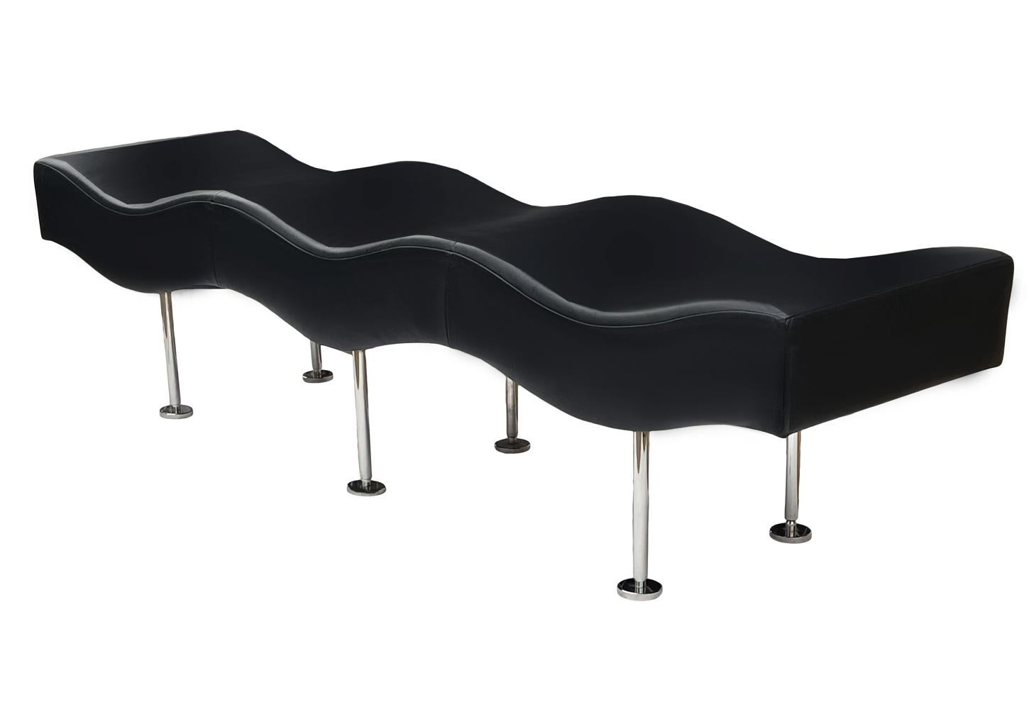 Stainless Steel Mid Century Post Modern Extra Long Black Leather Wave Bench by Breuton