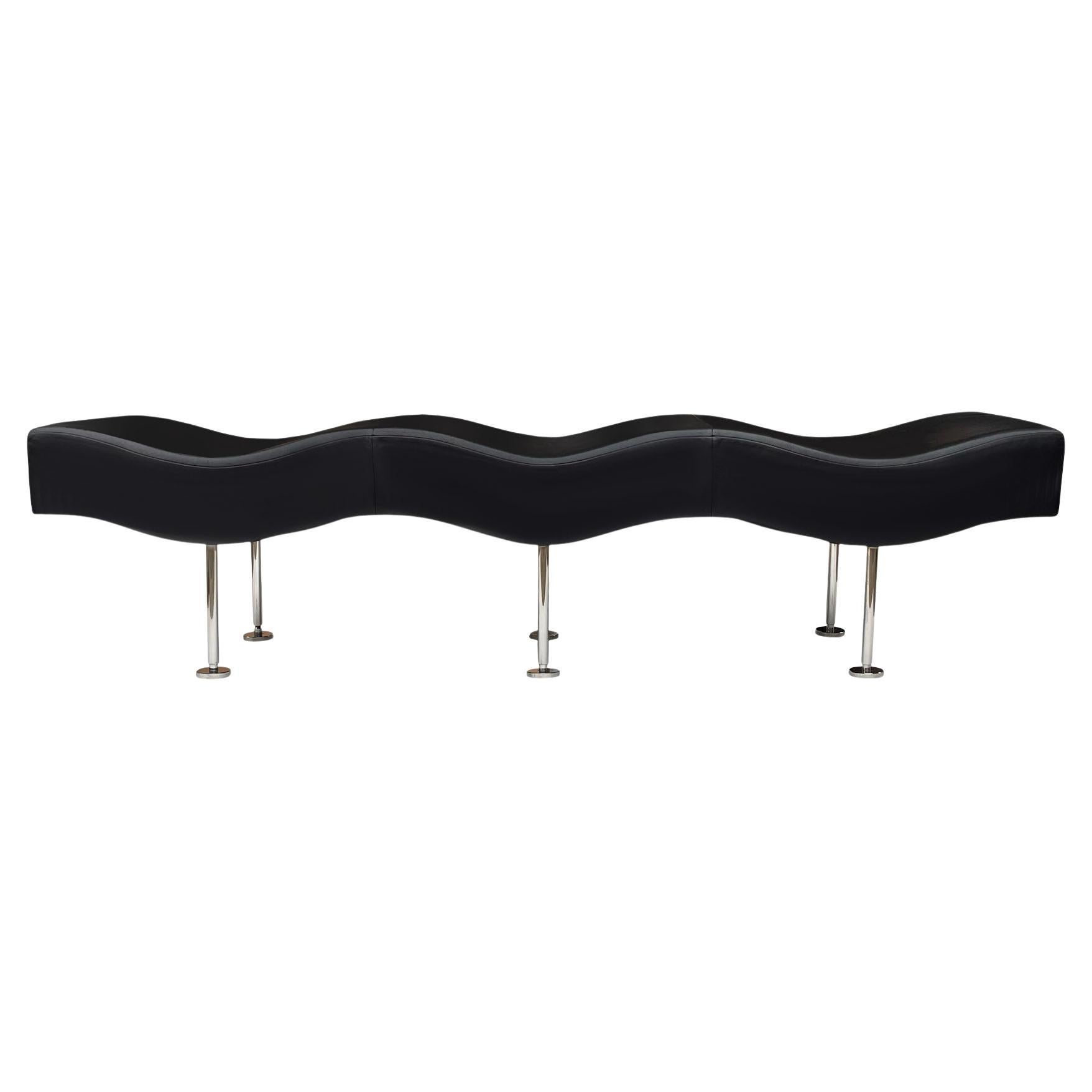 Mid Century Post Modern Extra Long Black Leather Wave Bench by Breuton