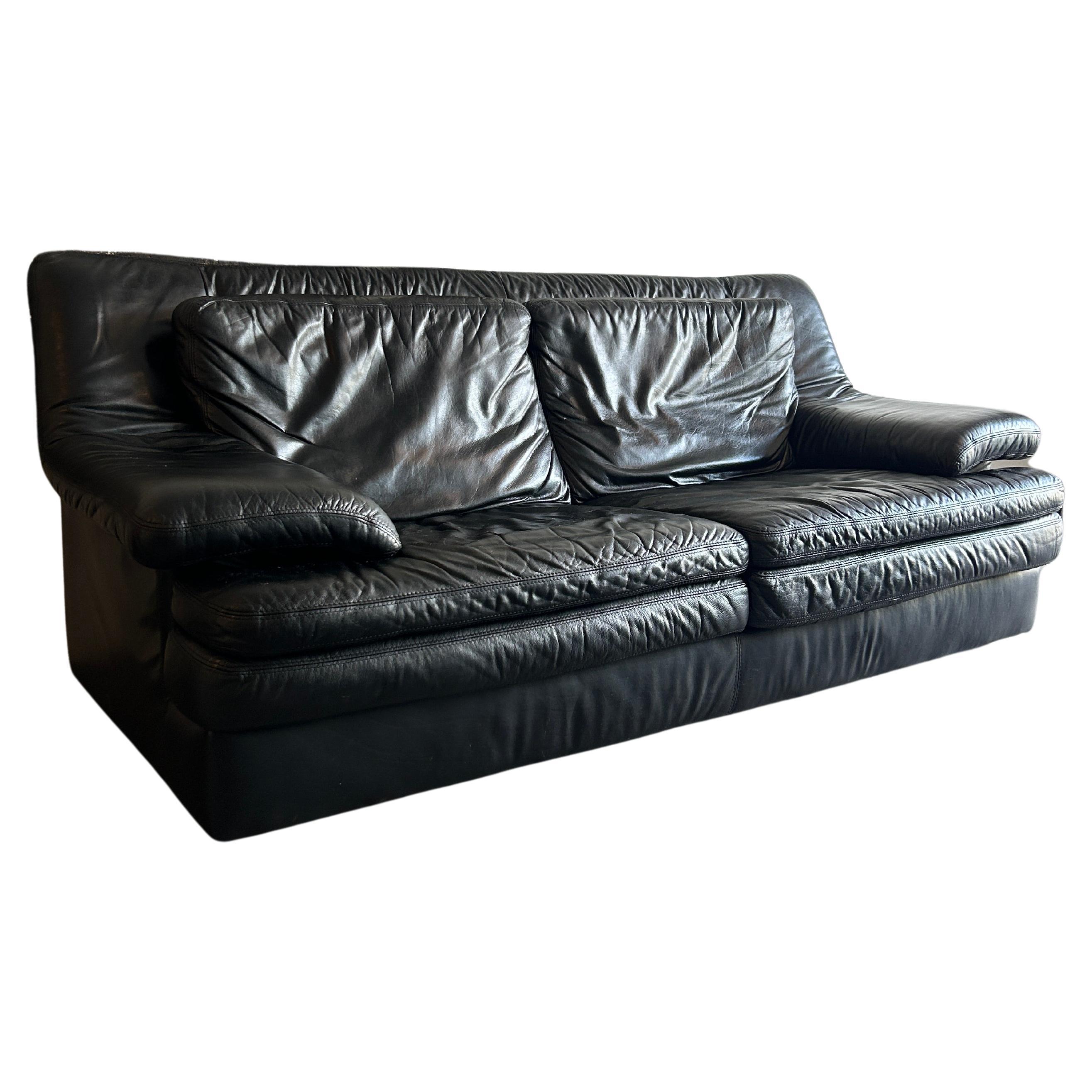 Mid-Century Modern Mid Century Post Modern Italian Black Low Leather Sofa