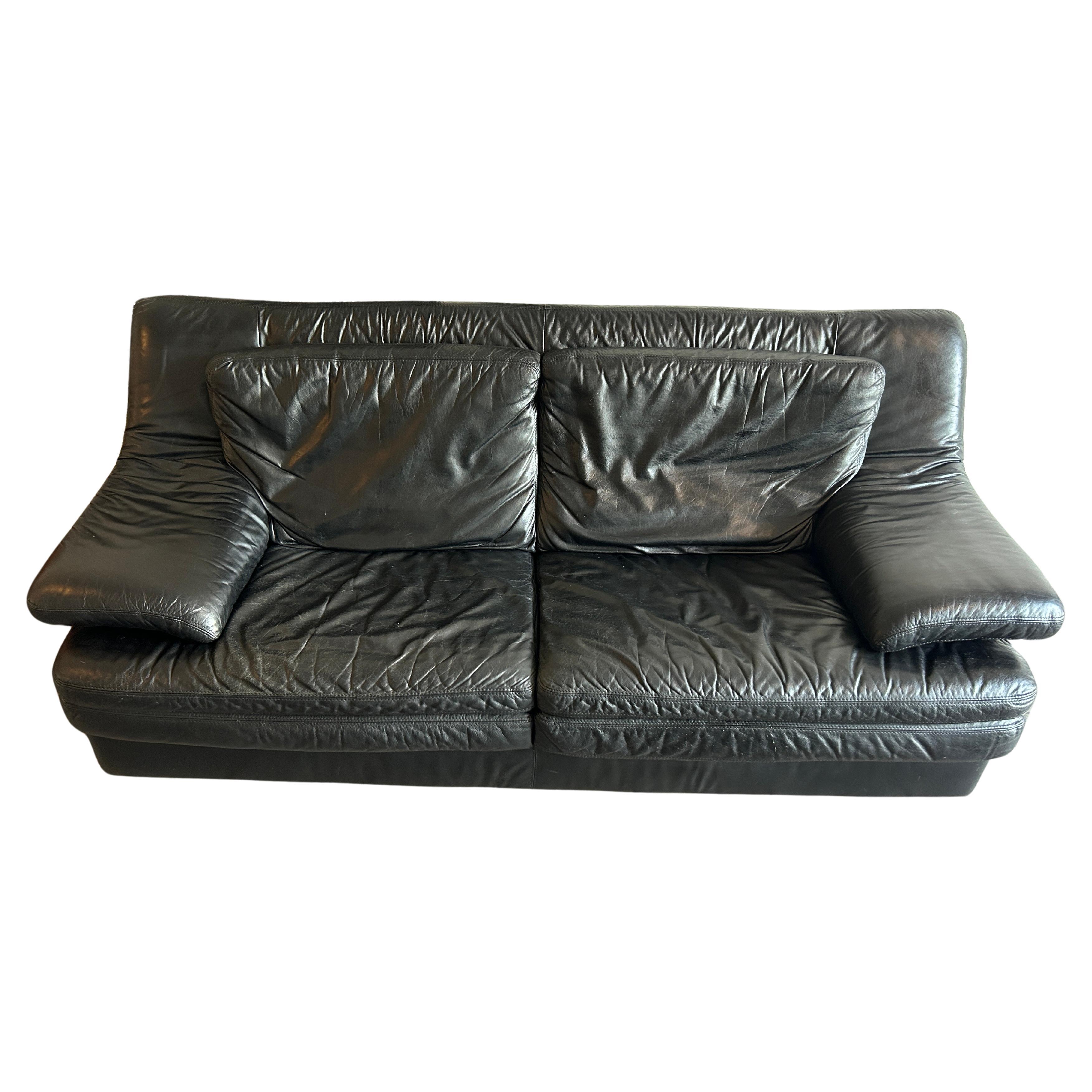 Woodwork Mid Century Post Modern Italian Black Low Leather Sofa
