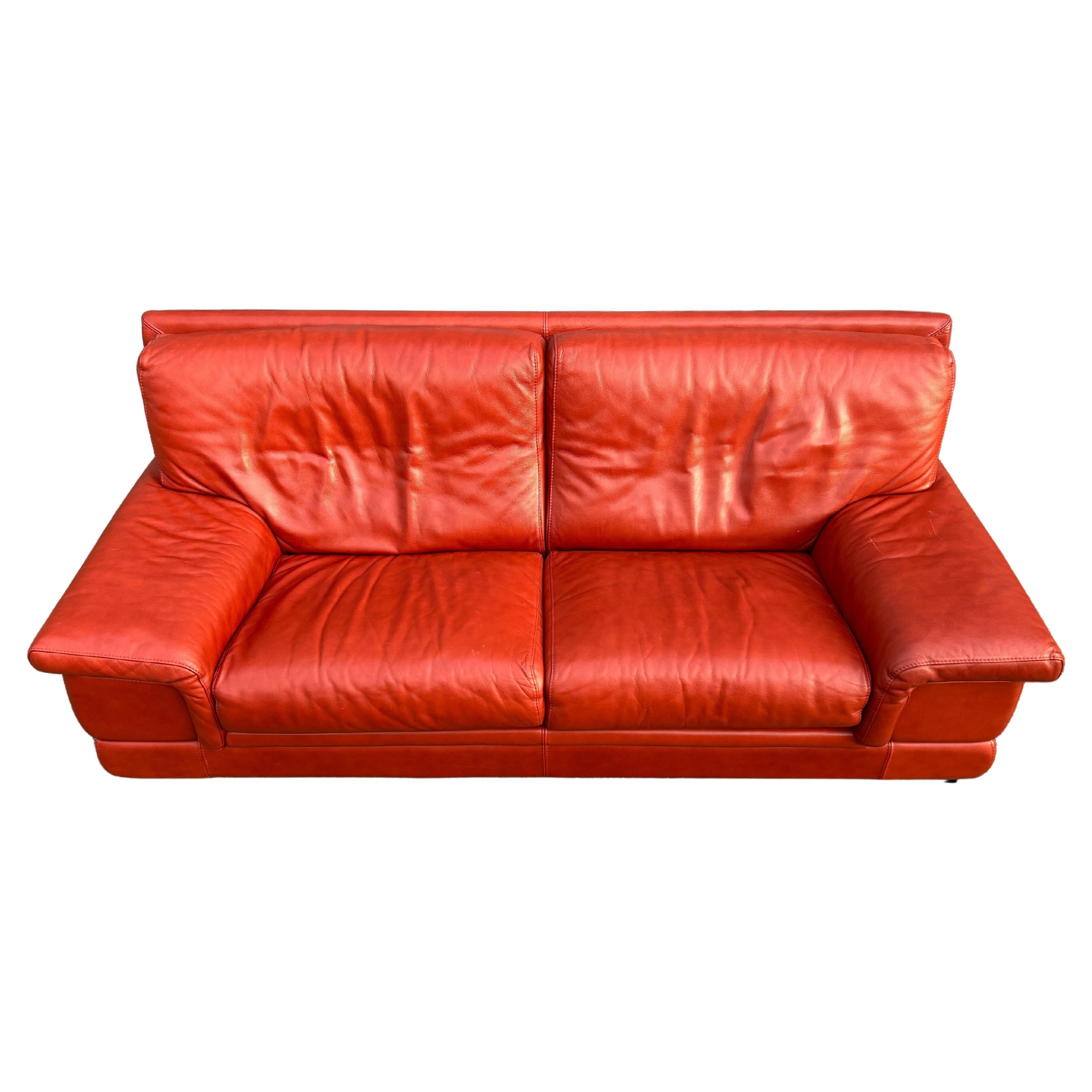Woodwork Mid Century Post Modern Italian Red Leather 3 seat Sofa by Roche Bobois 