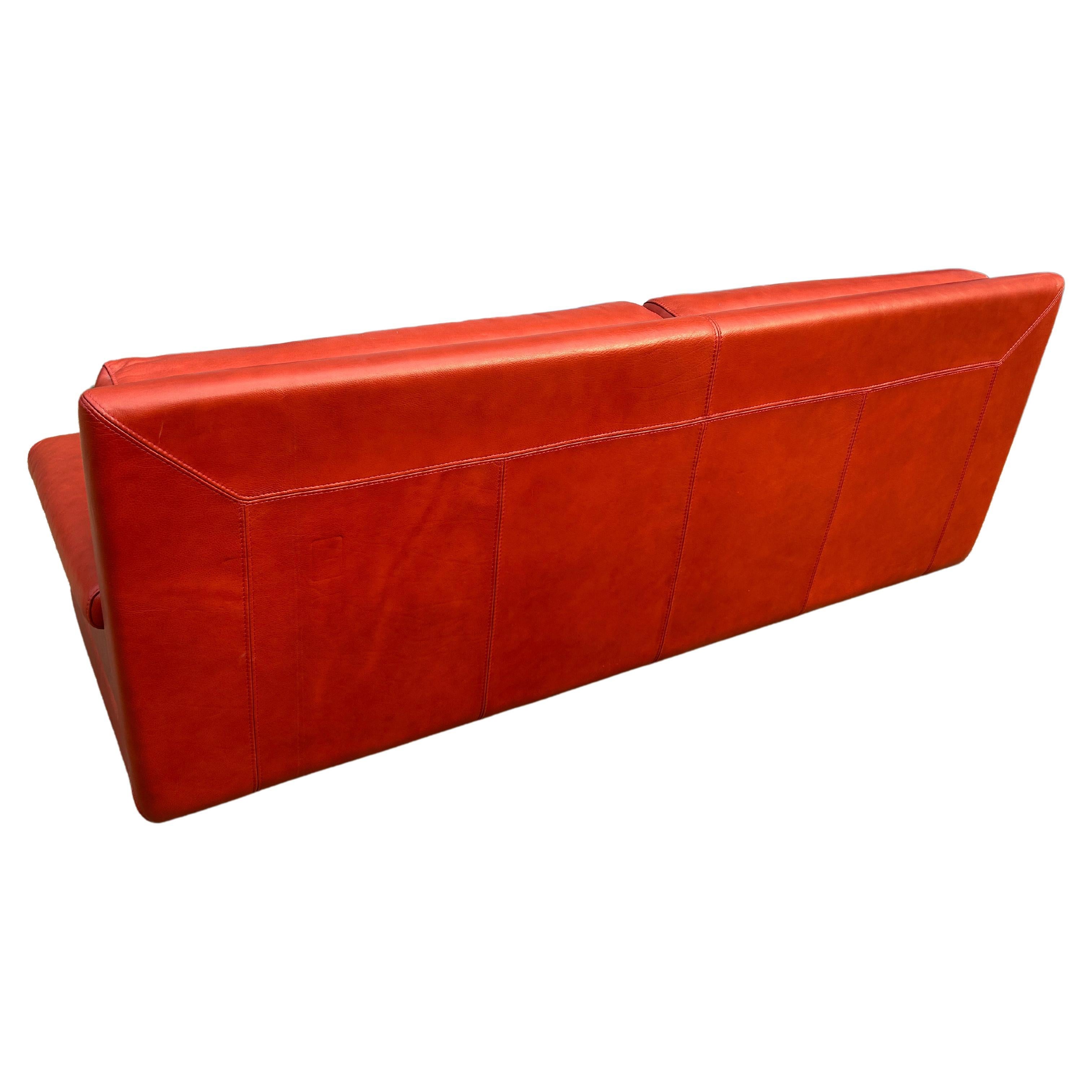 Mid Century Post Modern Italian Red Leather 3 seat Sofa by Roche Bobois  1