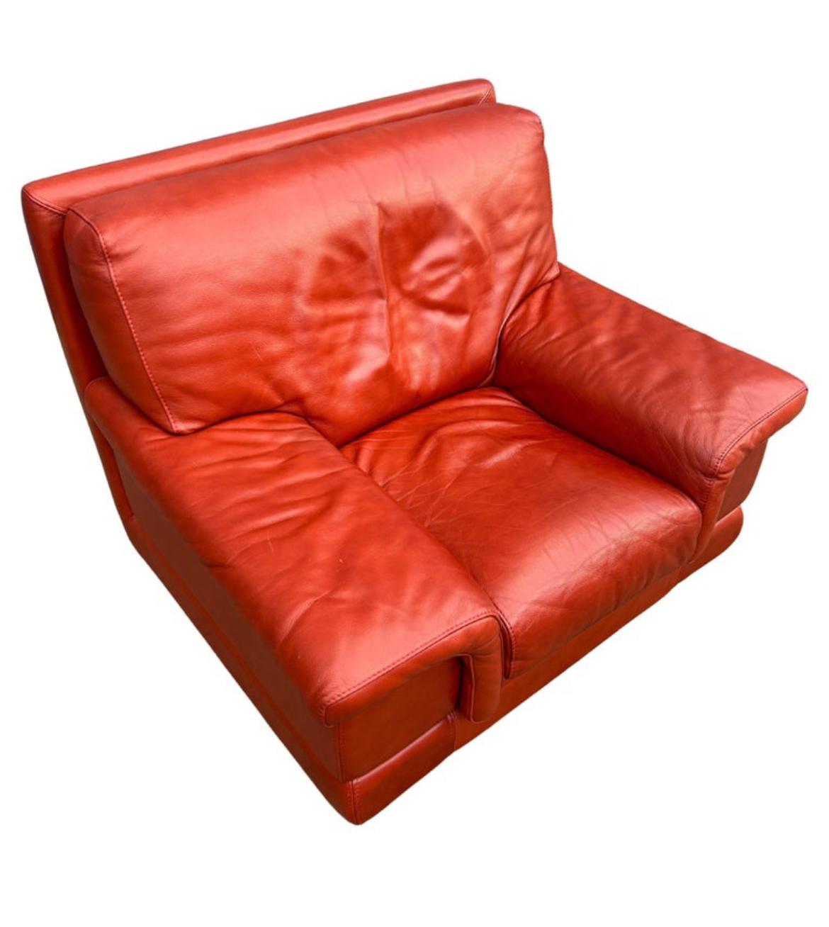 Mid Century Post Modern Italian Red Leather Sofa and chair set Roche Bobois  In Good Condition In BROOKLYN, NY