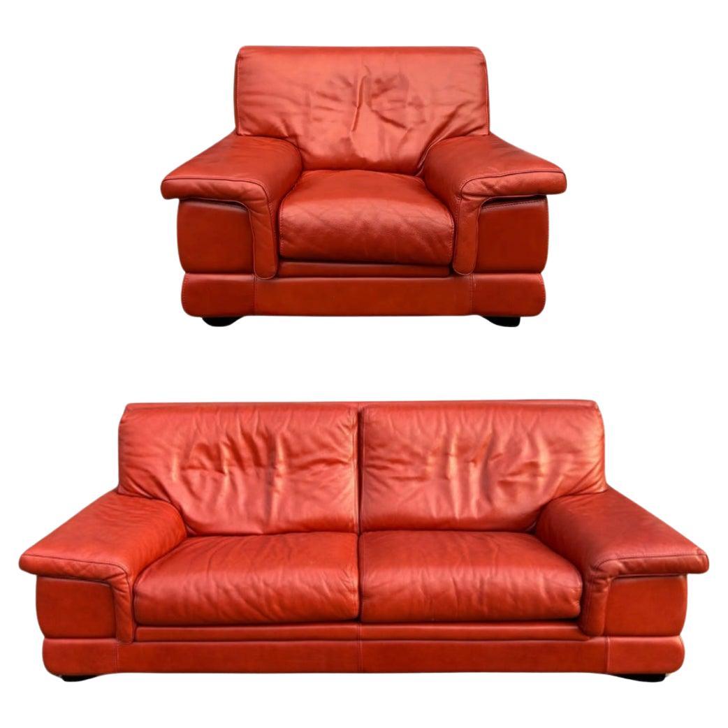 Mid Century Post Modern Italian Red Leather Sofa and chair set Roche Bobois 