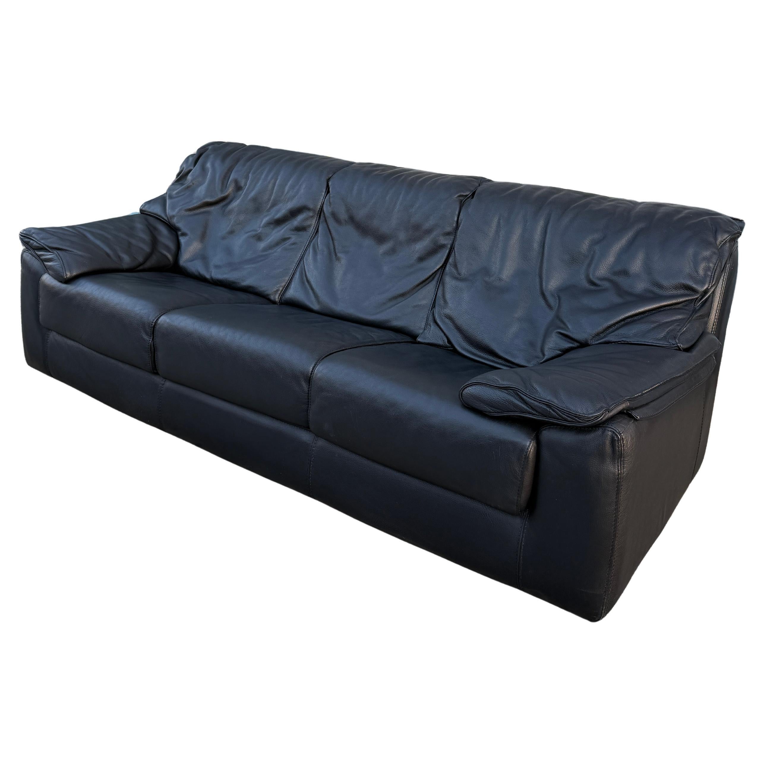 Woodwork Mid century post modern Italian thick black leather 3 seat pillow sofa For Sale
