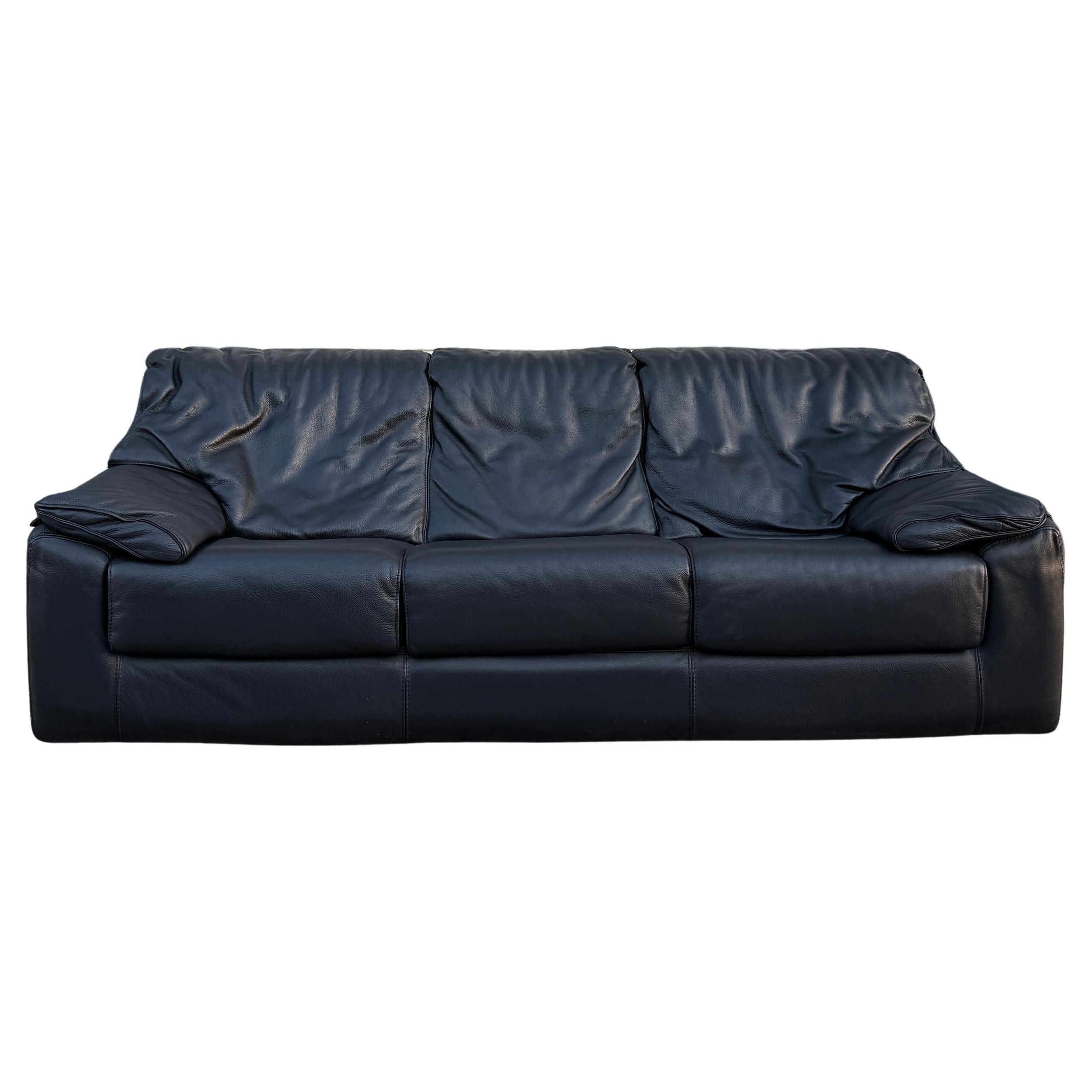 Mid century post modern Italian thick black leather 3 seat pillow sofa