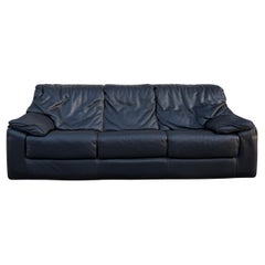 Mid century post modern Italian thick black leather 3 seat pillow sofa