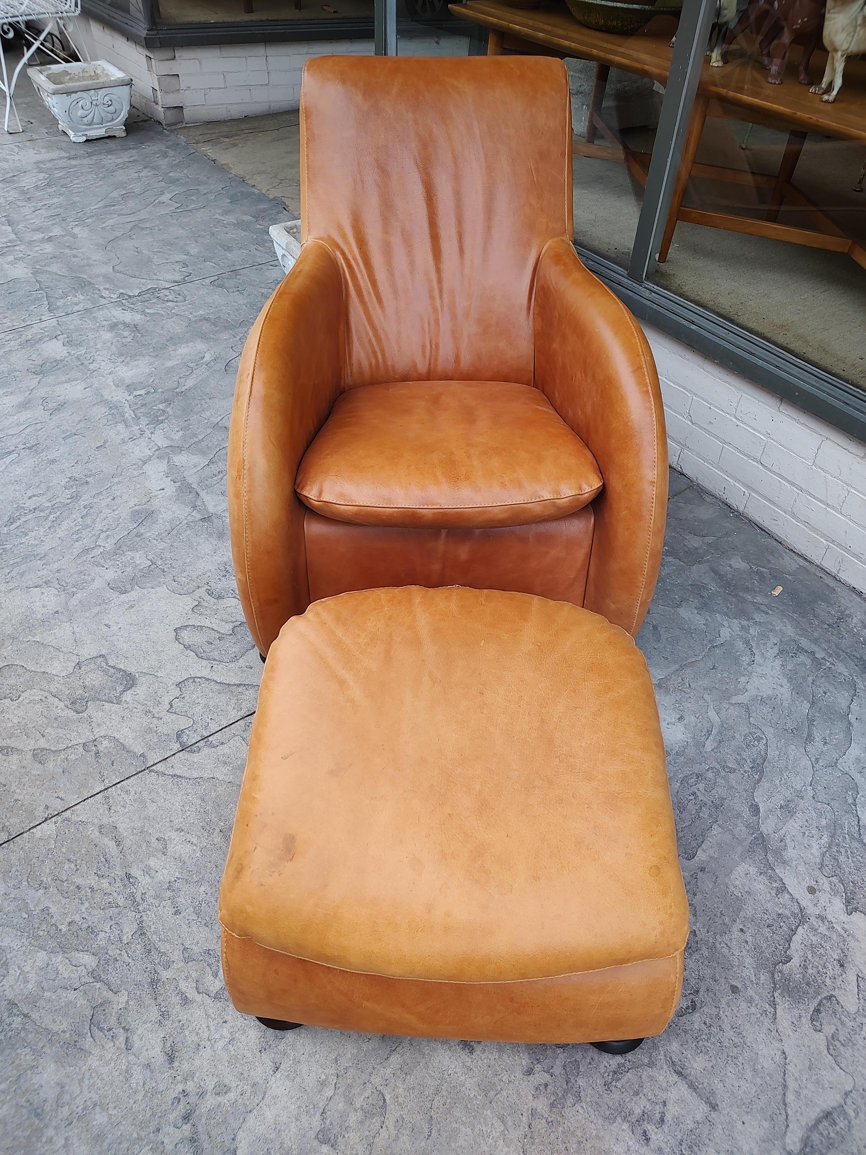 Mid Century Post Modern Leather Lounge Chair & Ottoman Style of Van Den Berg 4