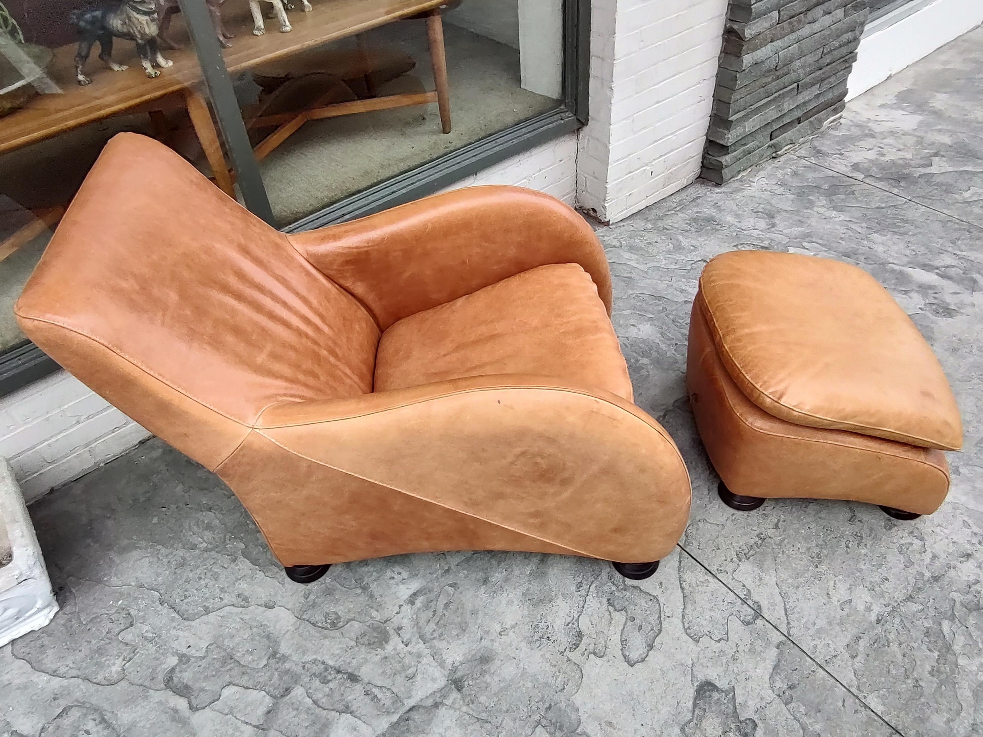 Mid Century Post Modern Leather Lounge Chair & Ottoman Style of Van Den Berg 5