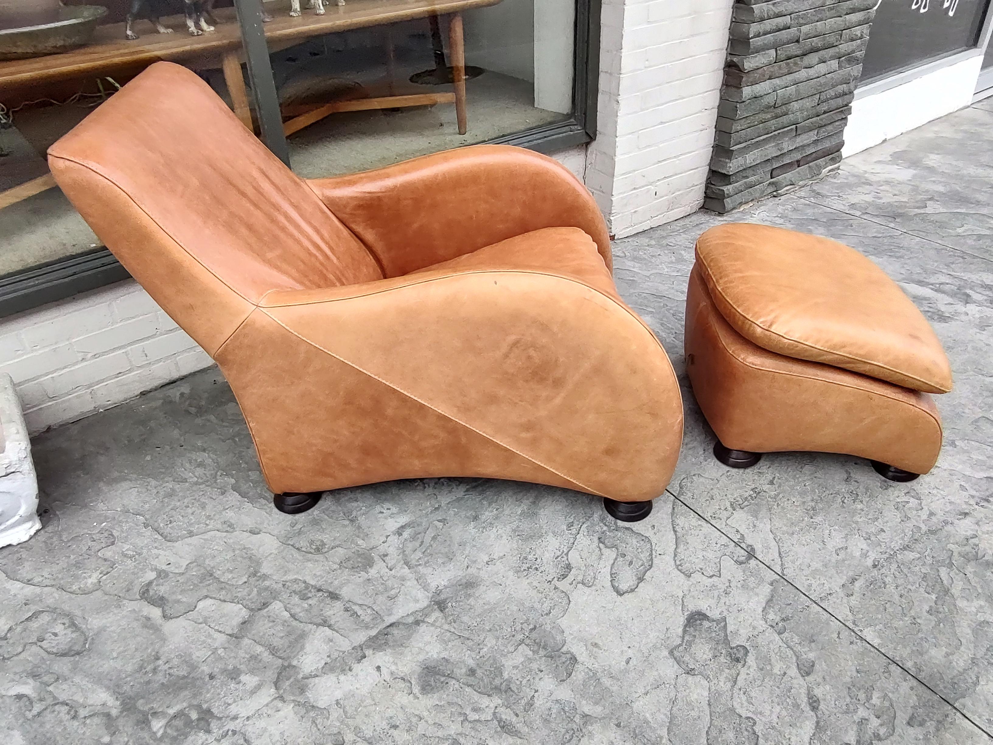 Mid Century Post Modern Leather Lounge Chair & Ottoman Style of Van Den Berg 6