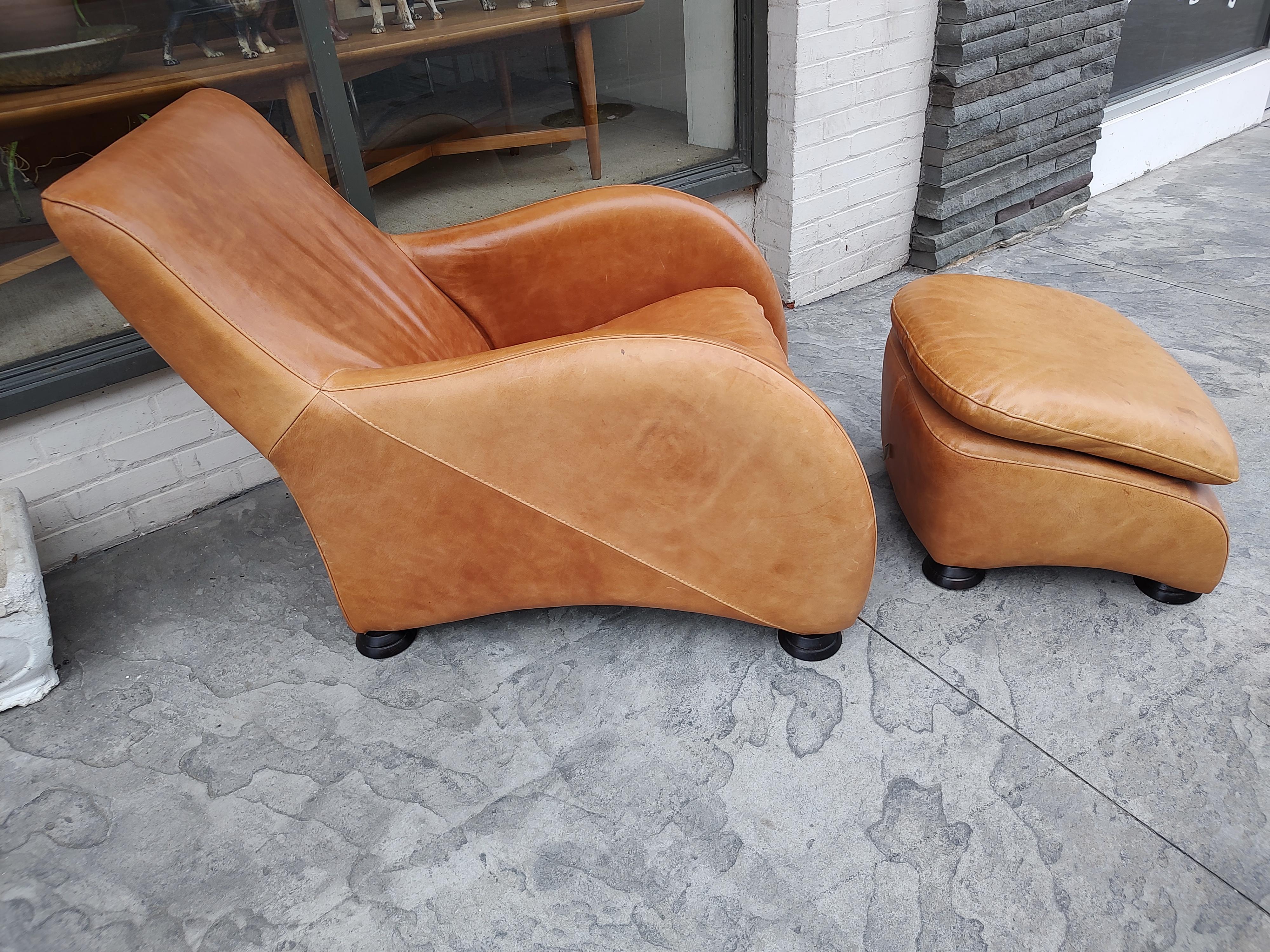 Mid Century Post Modern Leather Lounge Chair & Ottoman Style of Van Den Berg 7