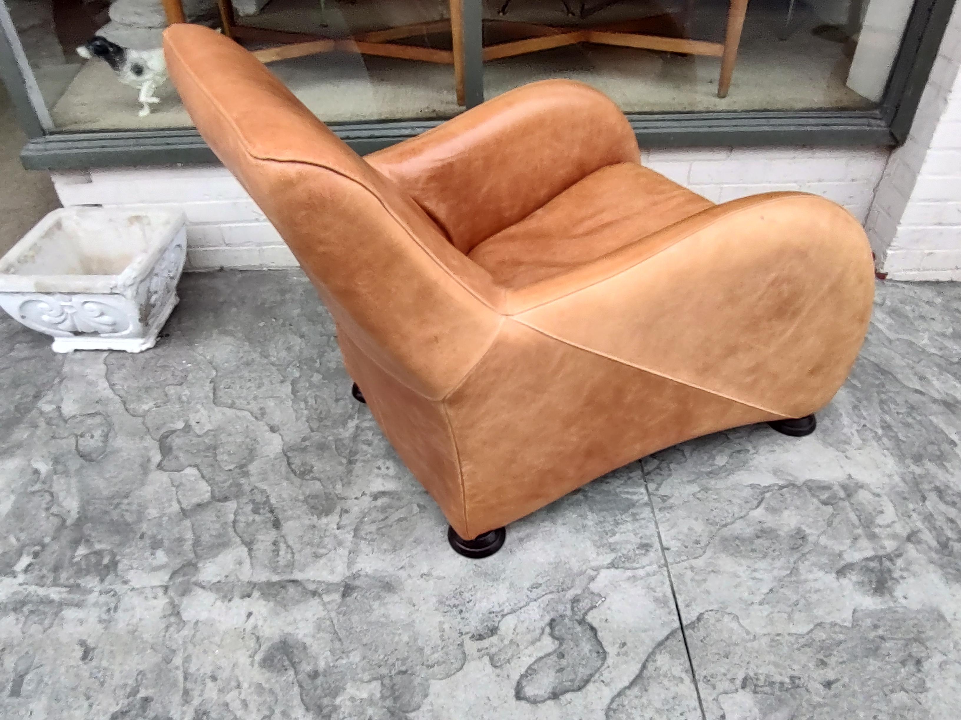 Mid-Century Modern Mid Century Post Modern Leather Lounge Chair & Ottoman Style of Van Den Berg