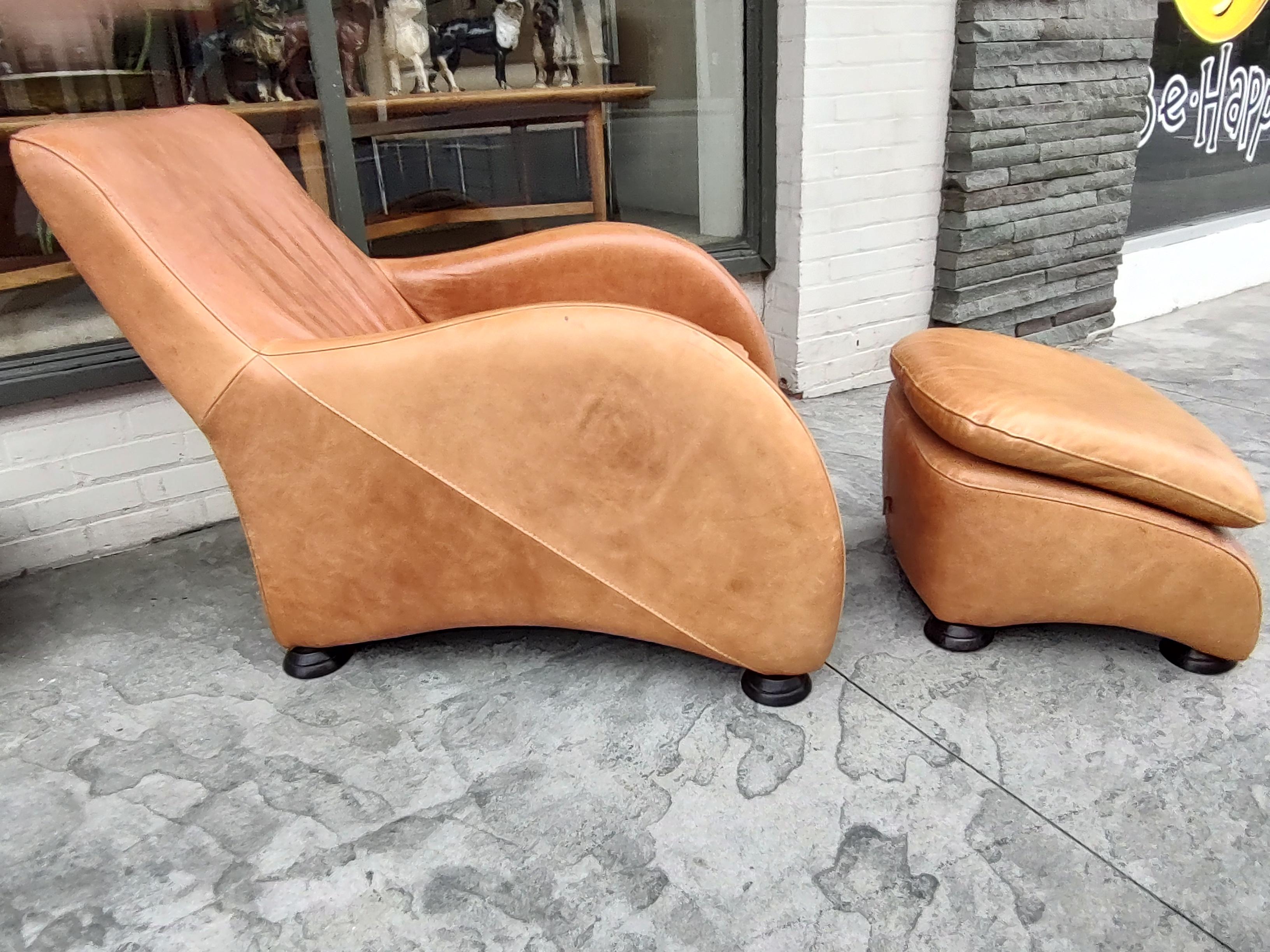 American Mid Century Post Modern Leather Lounge Chair & Ottoman Style of Van Den Berg