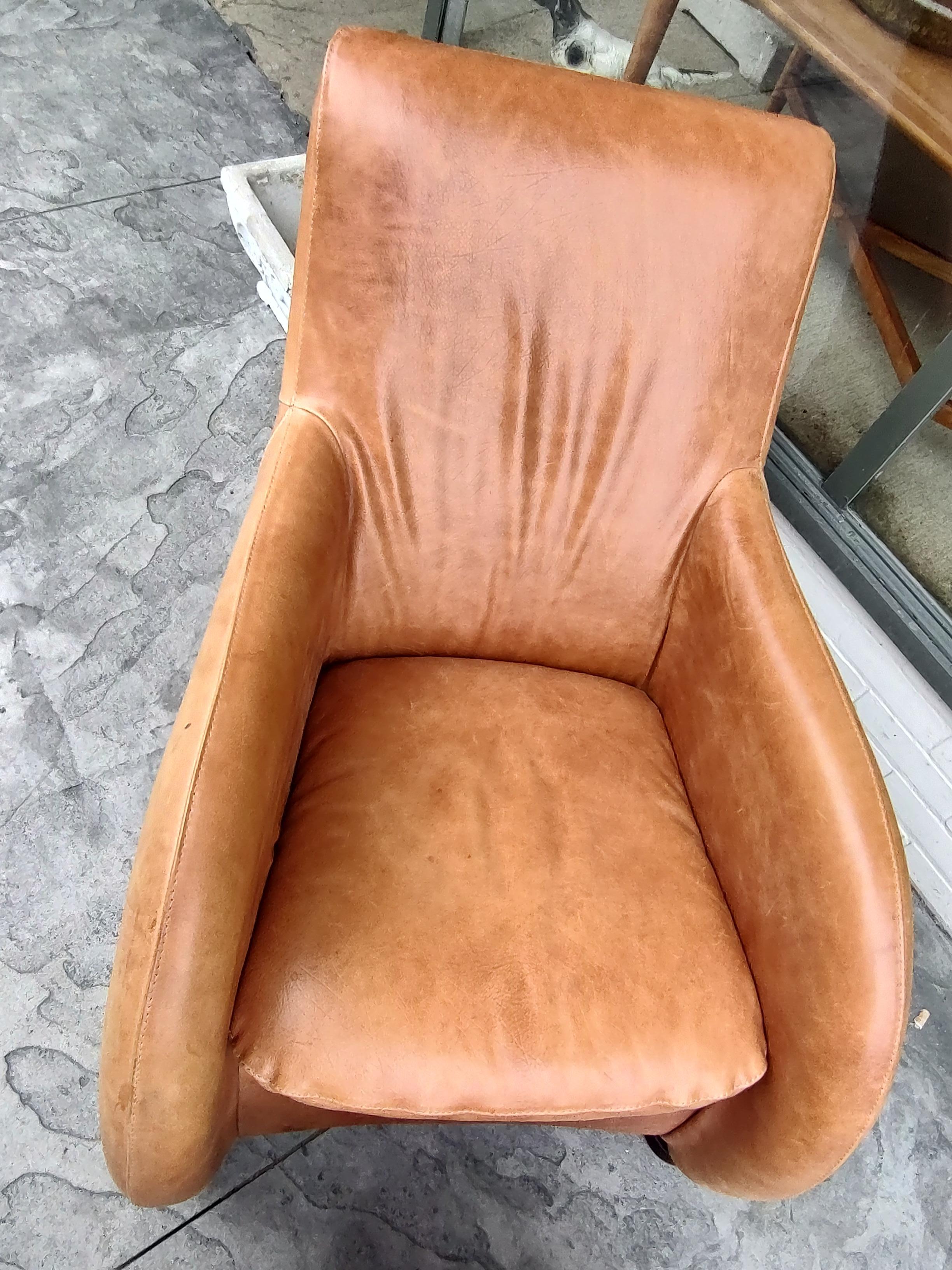 Mid Century Post Modern Leather Lounge Chair & Ottoman Style of Van Den Berg 1