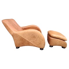 Mid Century Post Modern Leather Lounge Chair & Ottoman Style of Van Den Berg