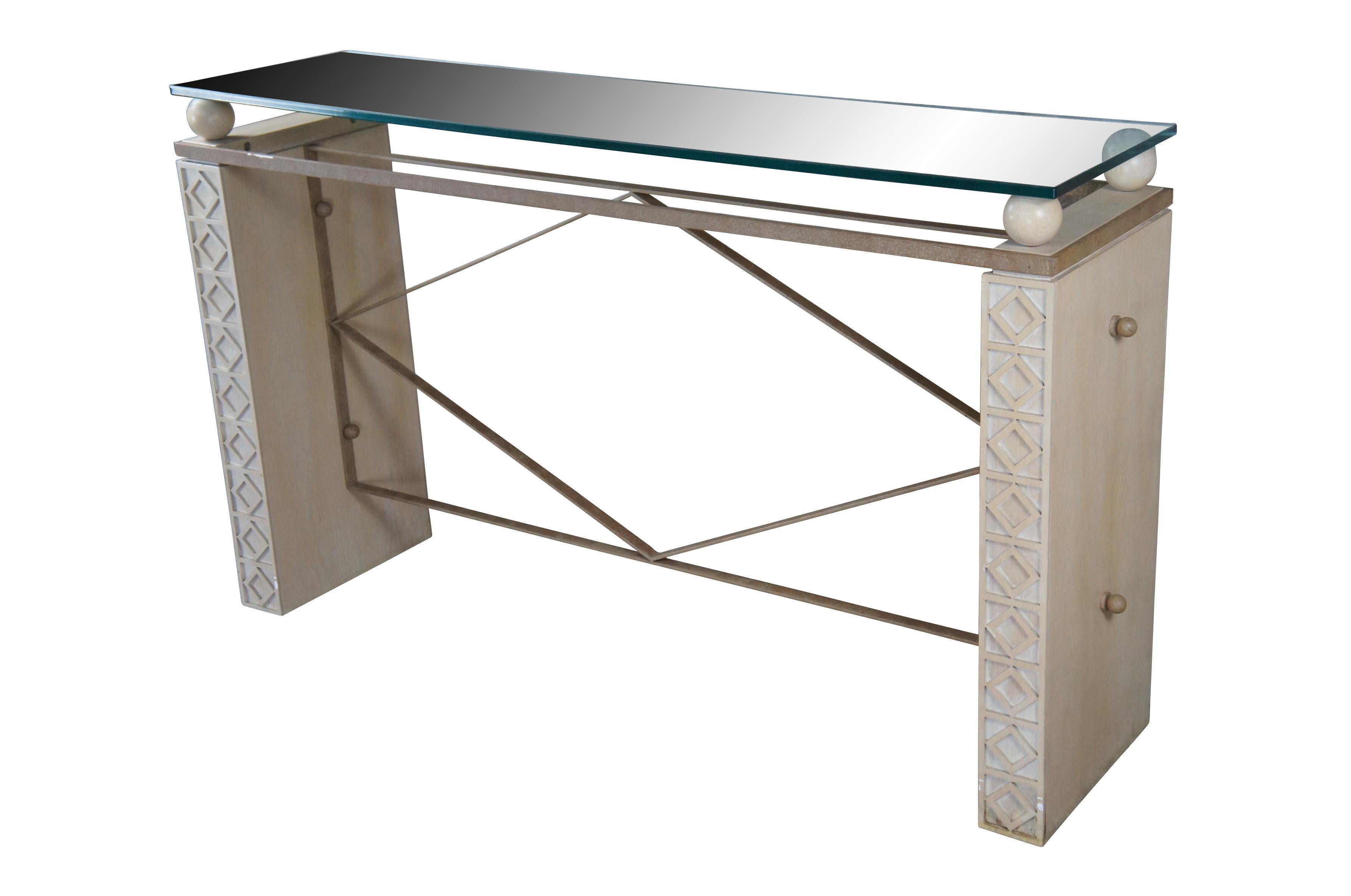 Mid-Century Modern Mid Century Post Modern Limed Oak Iron Glass Console Sofa Table 64