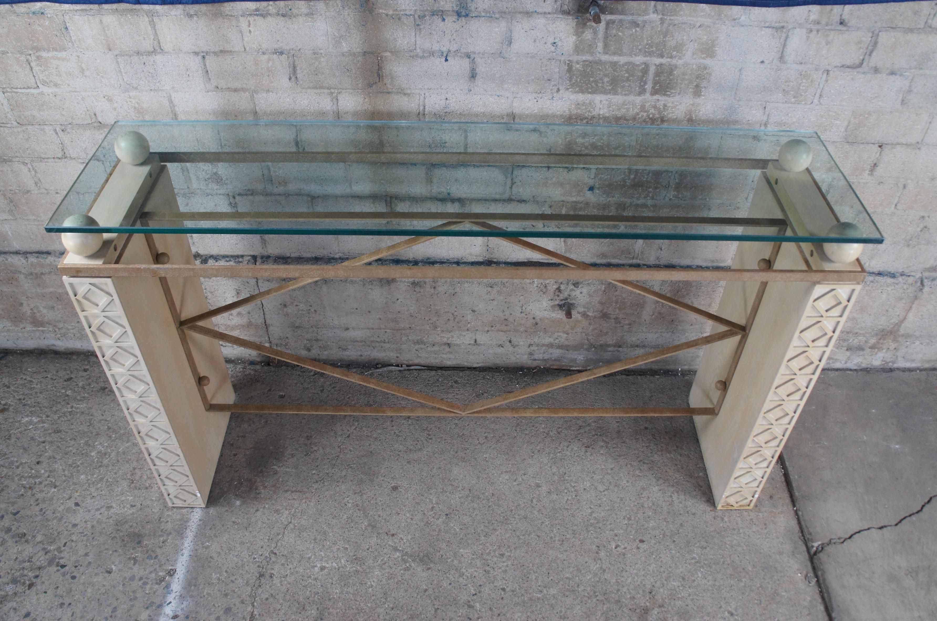 Mid Century Post Modern Limed Oak Iron Glass Console Sofa Table 64