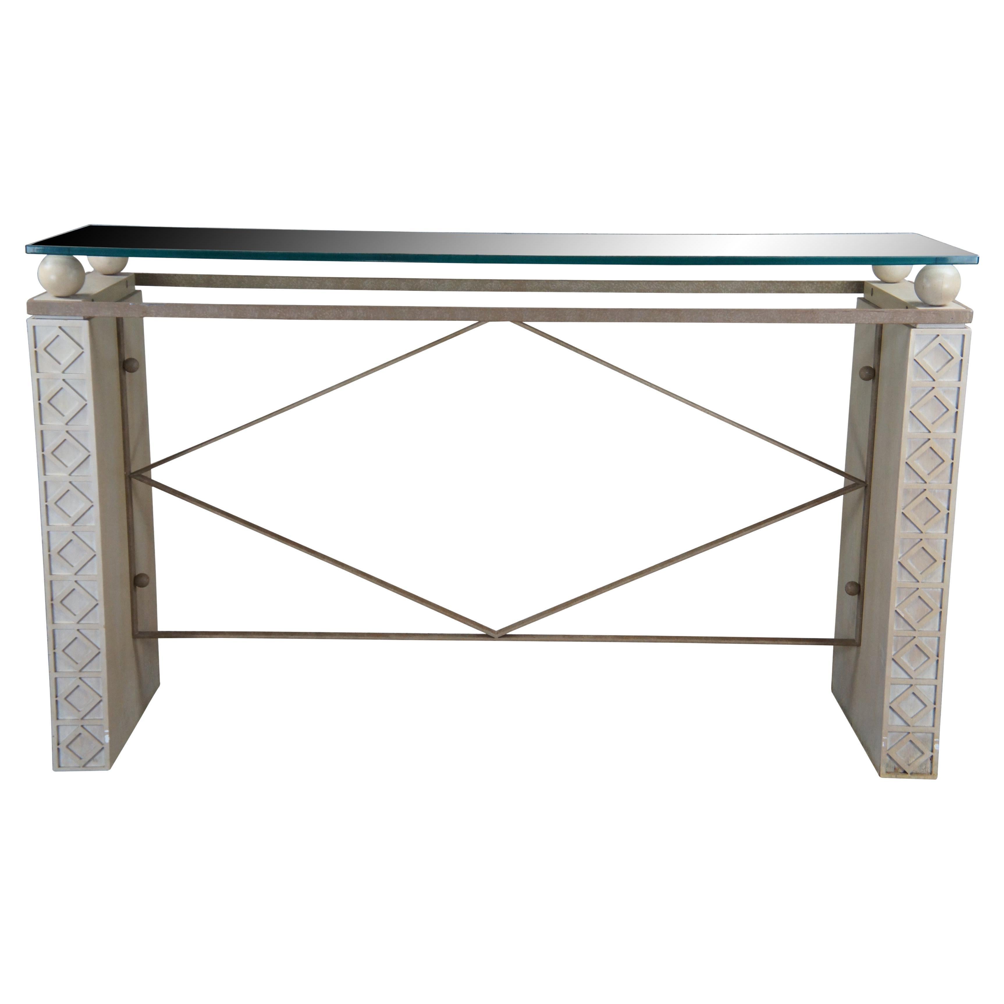 Mid Century Post Modern Limed Oak Iron Glass Console Sofa Table 64" For Sale